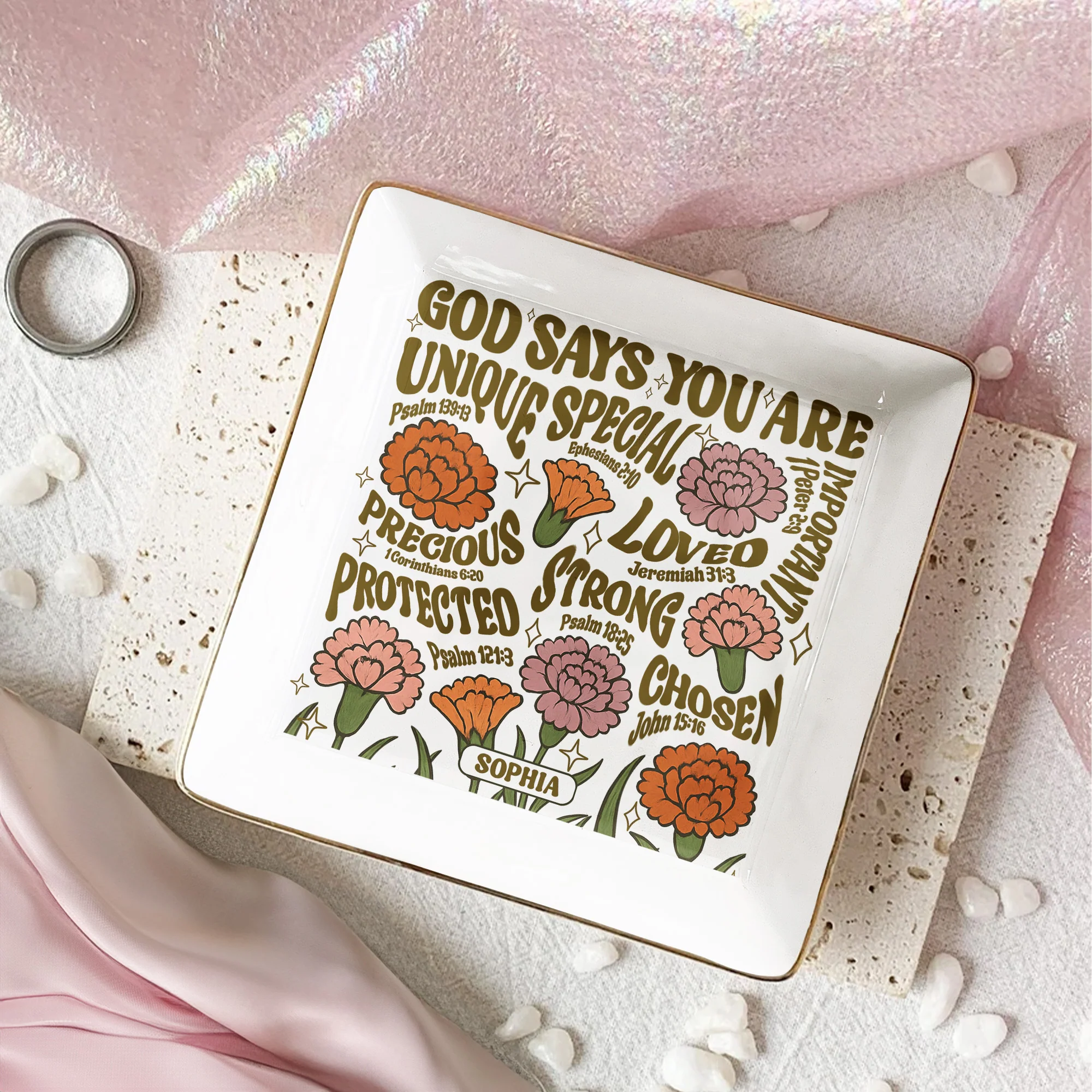 God Says You Are Retro Birth Flower - Personalized Jewelry Dish - Image 2