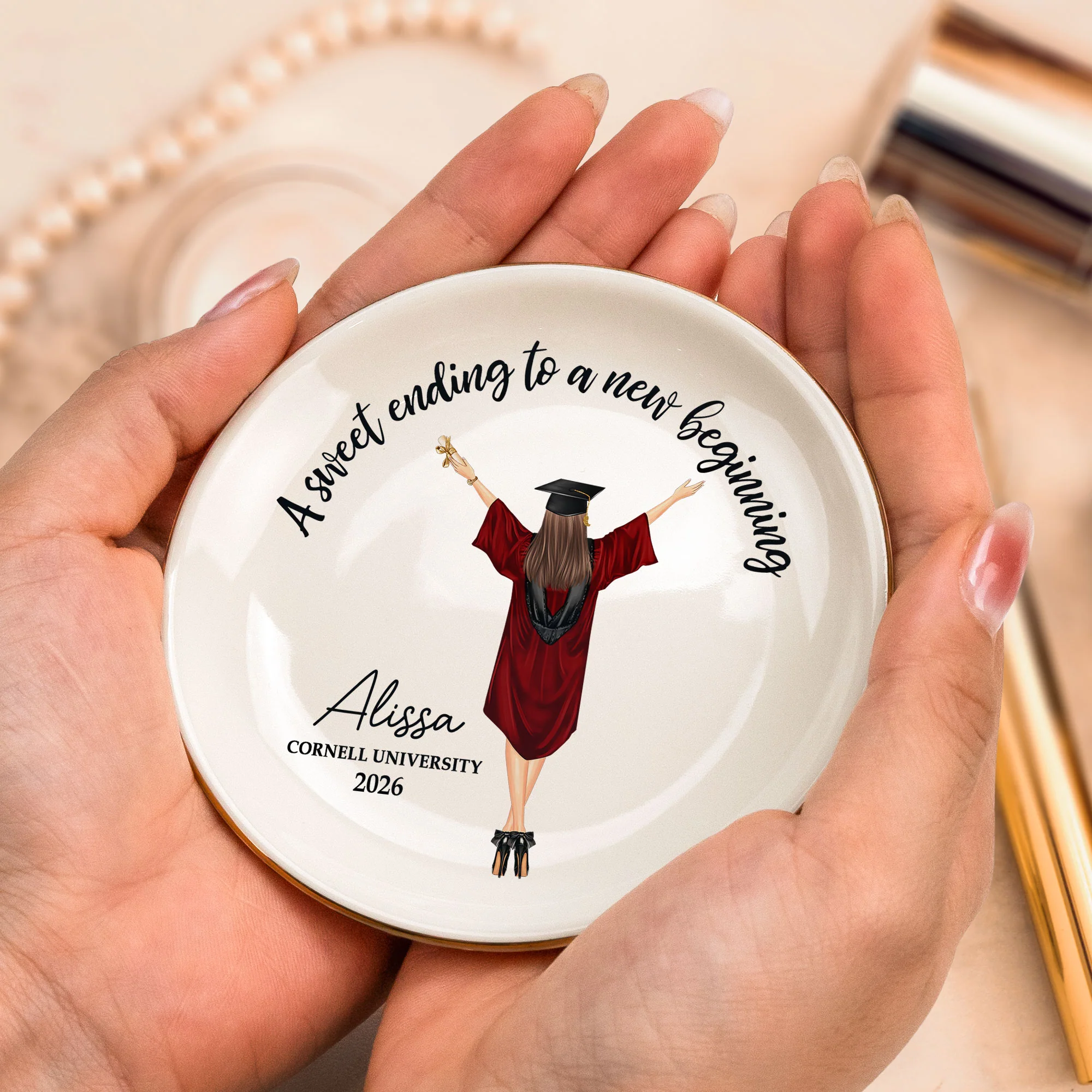 Graduation Gift A Sweet Ending To A New Beginning - Personalized Circle Jewelry Dish - Image 3