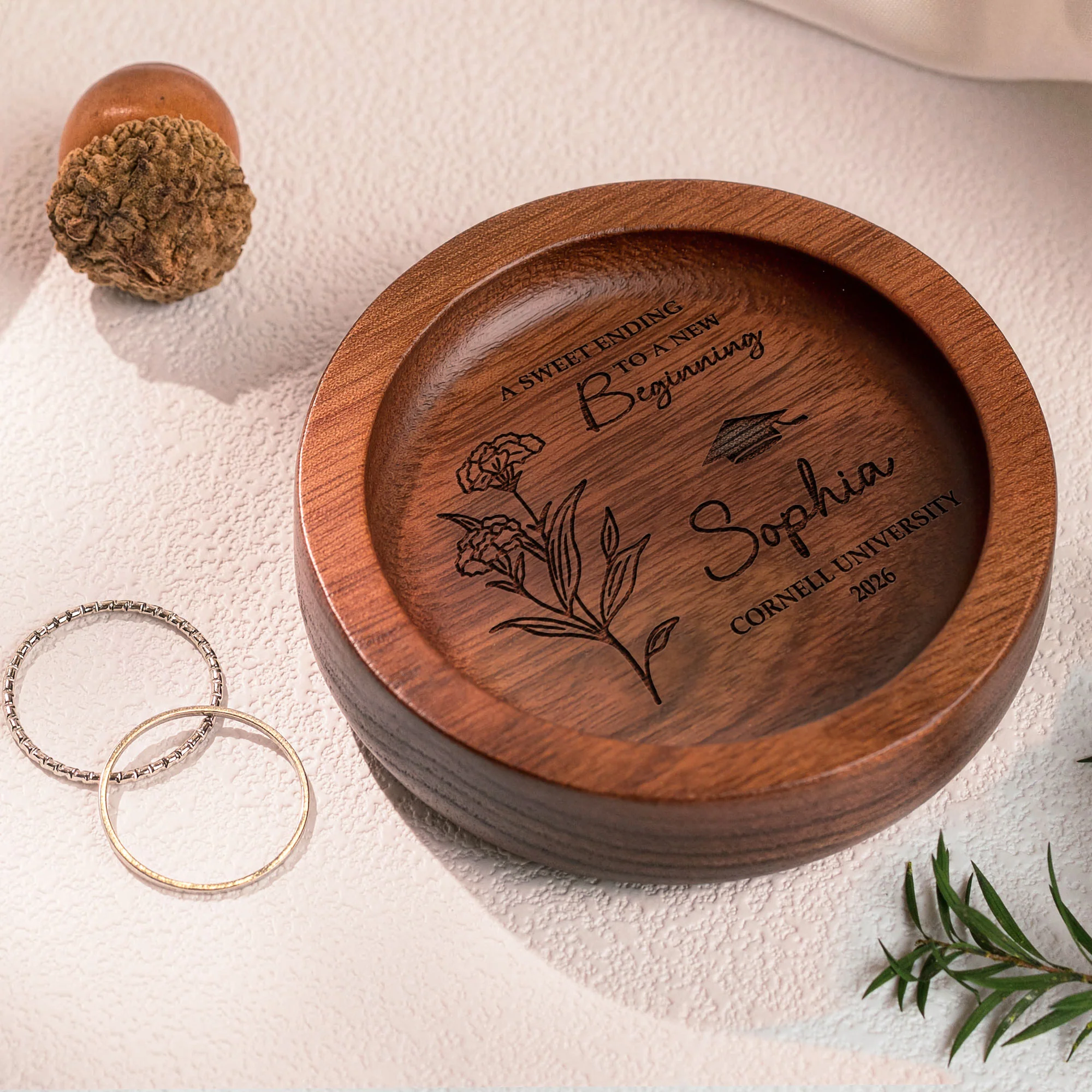 Graduation Gift For Her - Custom Birth Flowers - Personalized Wood Ring Dish - Image 4