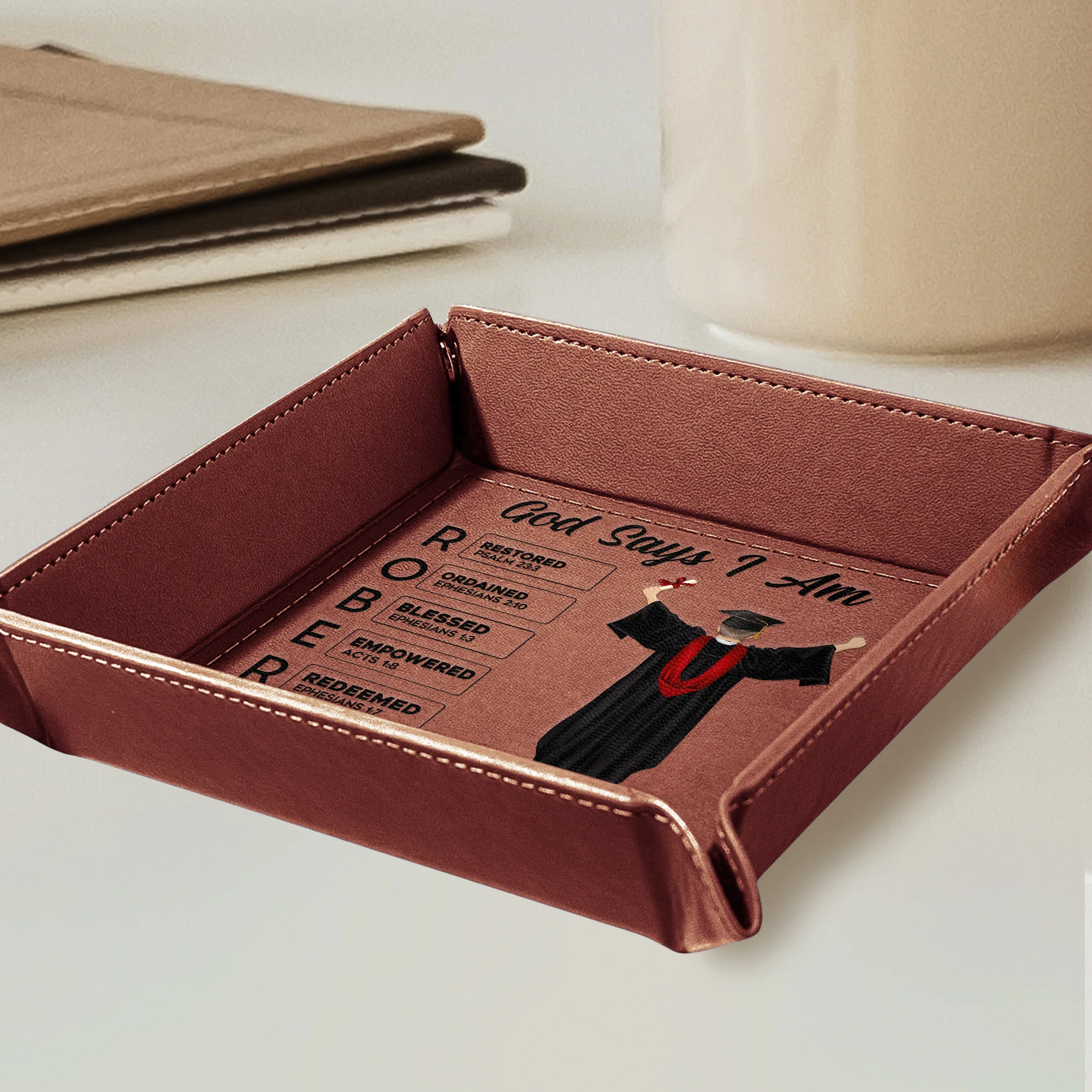 Graduation Gift For Him - God Says You Are - Personalized Leather Valet Tray - Image 3