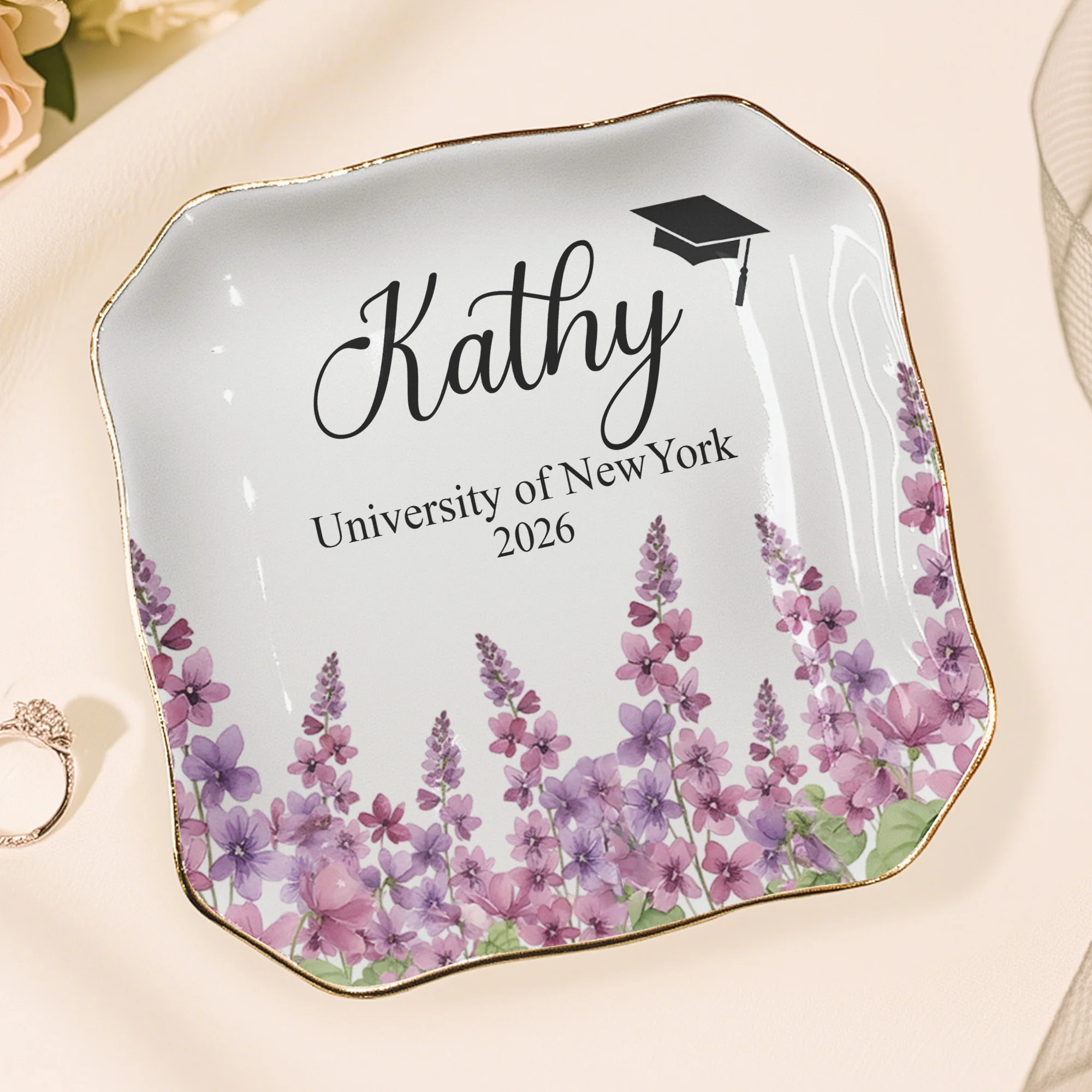 Graduation Jewelry Dish Custom Name Birth Flower - Personalized Jewelry Dish - Image 3