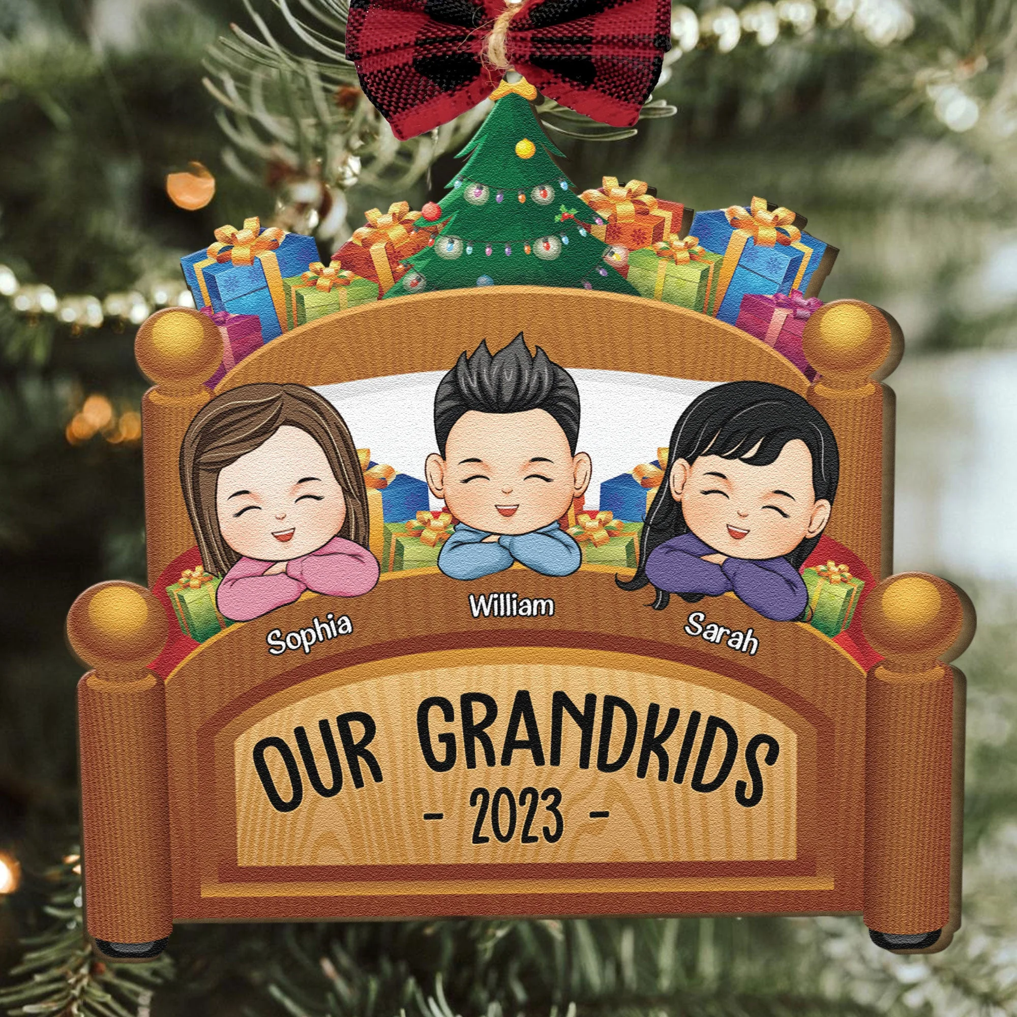 Grandkids Family Joyful Xmas In Bed - Personalized Custom Shaped Wooden Ornament - Image 3