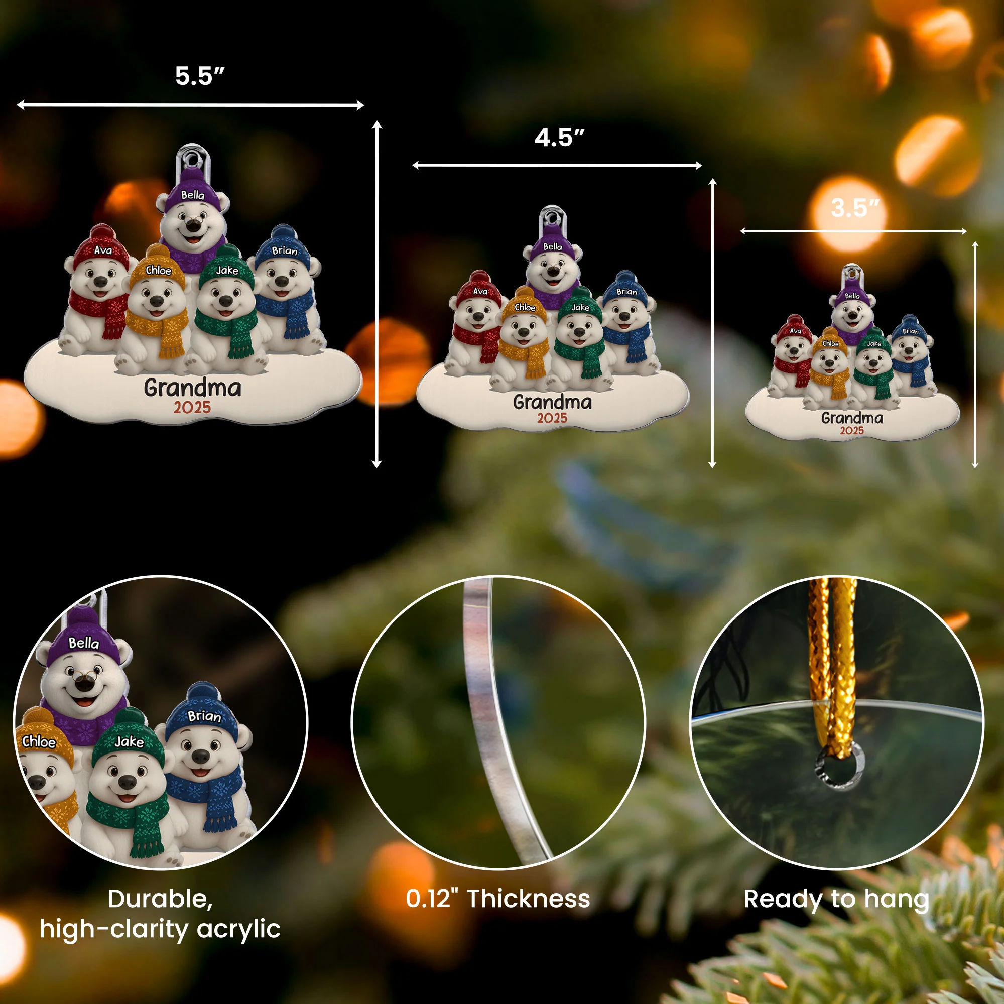 Grandma Bear With Grandkids - Personalized Acrylic Ornament - Image 5
