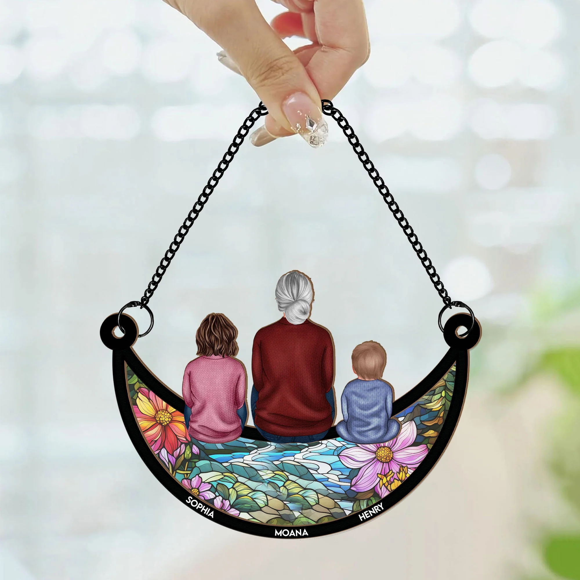 Grandma & Children On The Moon - Personalized Window Hanging Suncatcher Ornament - Gift For Grandma - Image 2