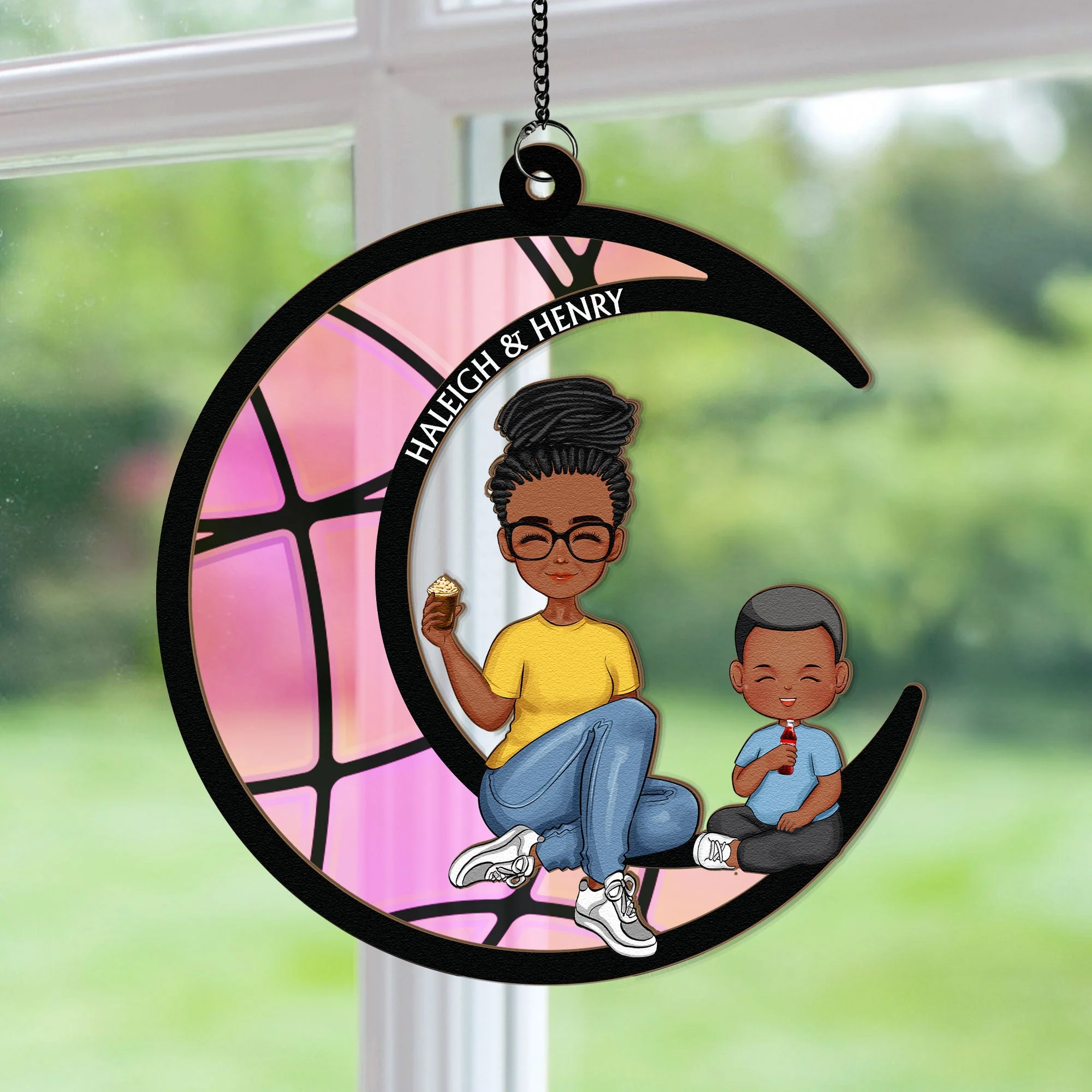 Grandma Grandkid On The Moon - Personalized Window Hanging Suncatcher Ornament - Image 2