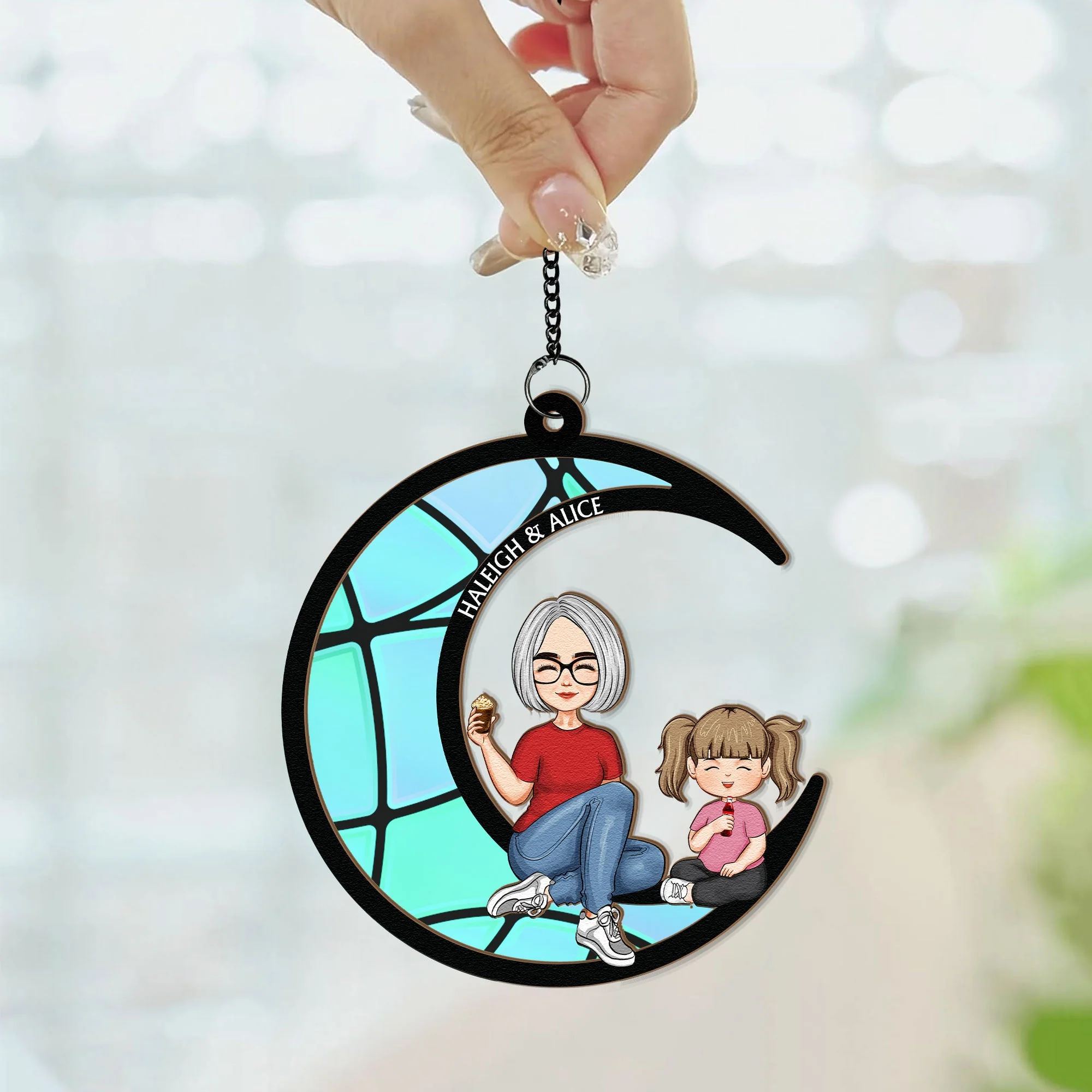 Grandma Grandkid On The Moon - Personalized Window Hanging Suncatcher Ornament - Image 3