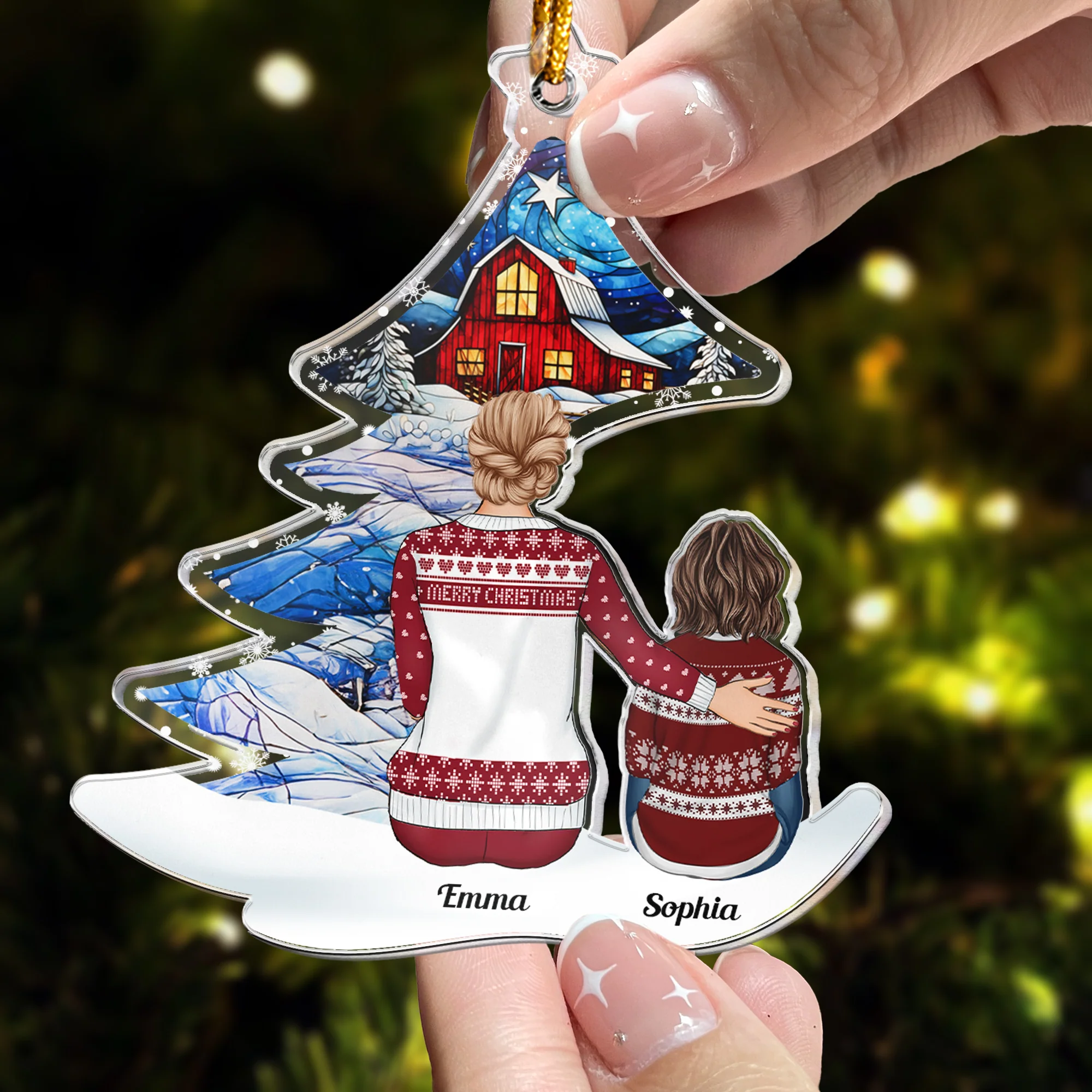 Grandma & Grandkids Sitting Under Christmas Tree - Personalized Acrylic Ornament - Image 3