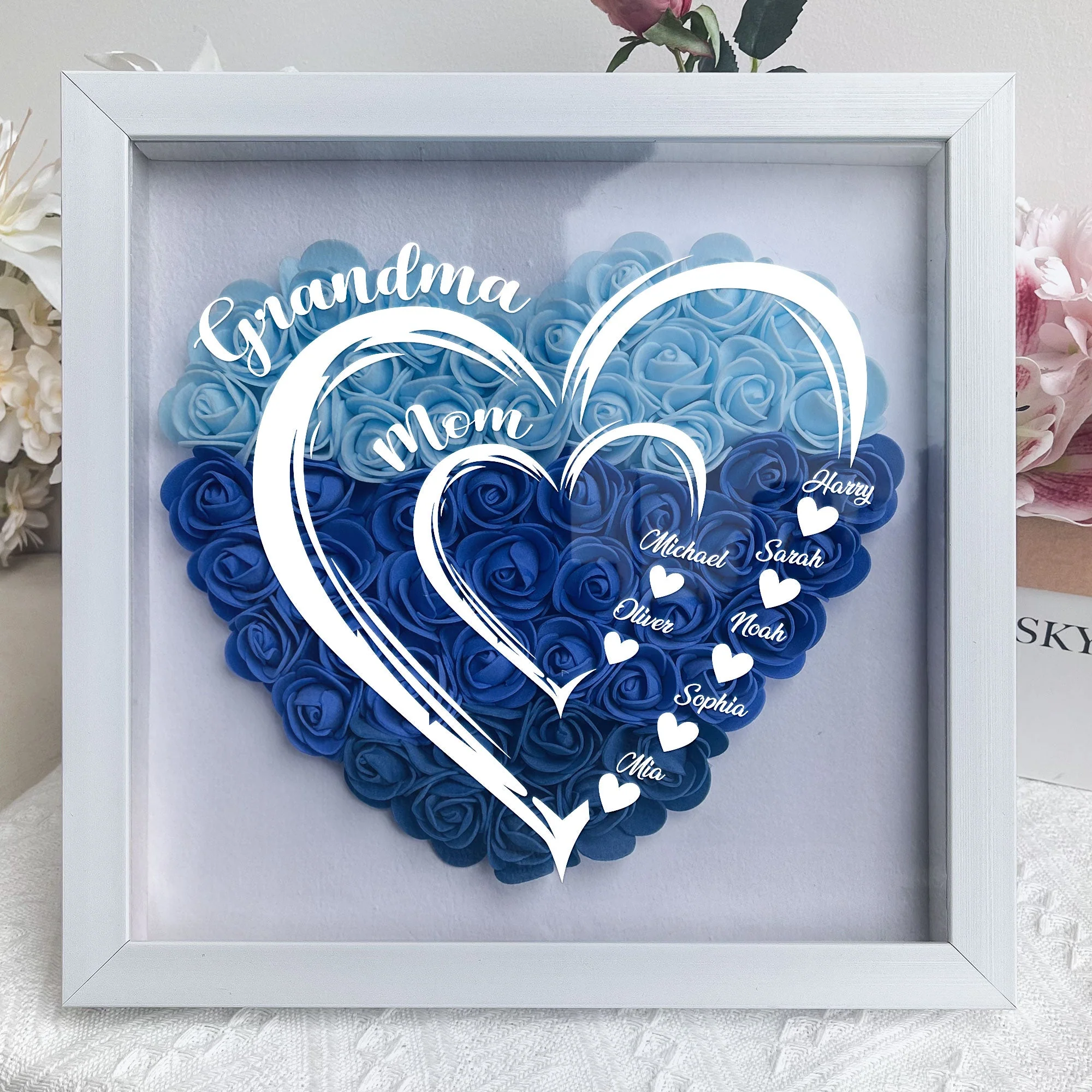 Grandma Hearts Mommy Hearts - Personalized Flower Shadow Box - Gift For Grandma