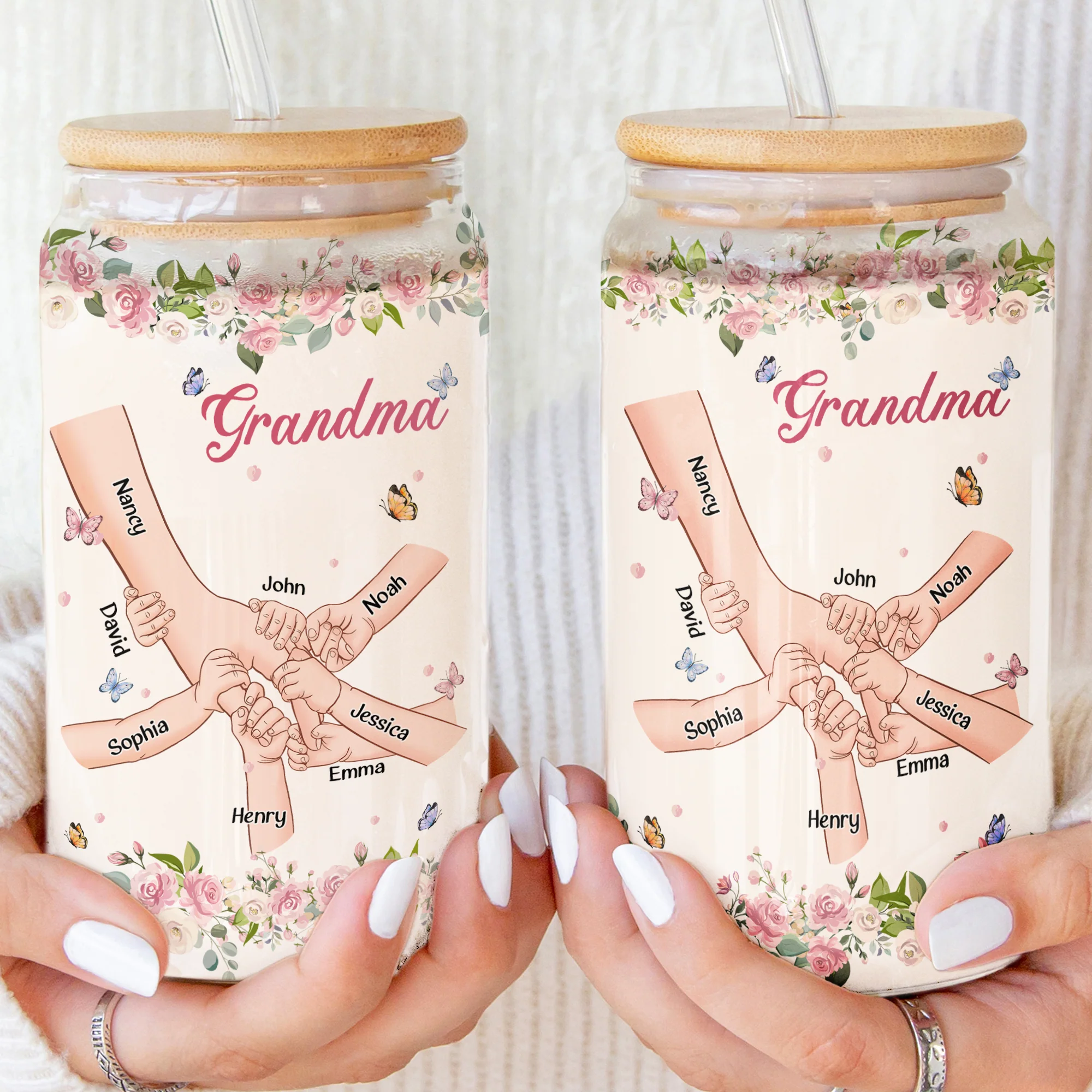 Grandma Holding Hands Custom With Kids' Names - Personalized Clear Glass Cup - Image 3