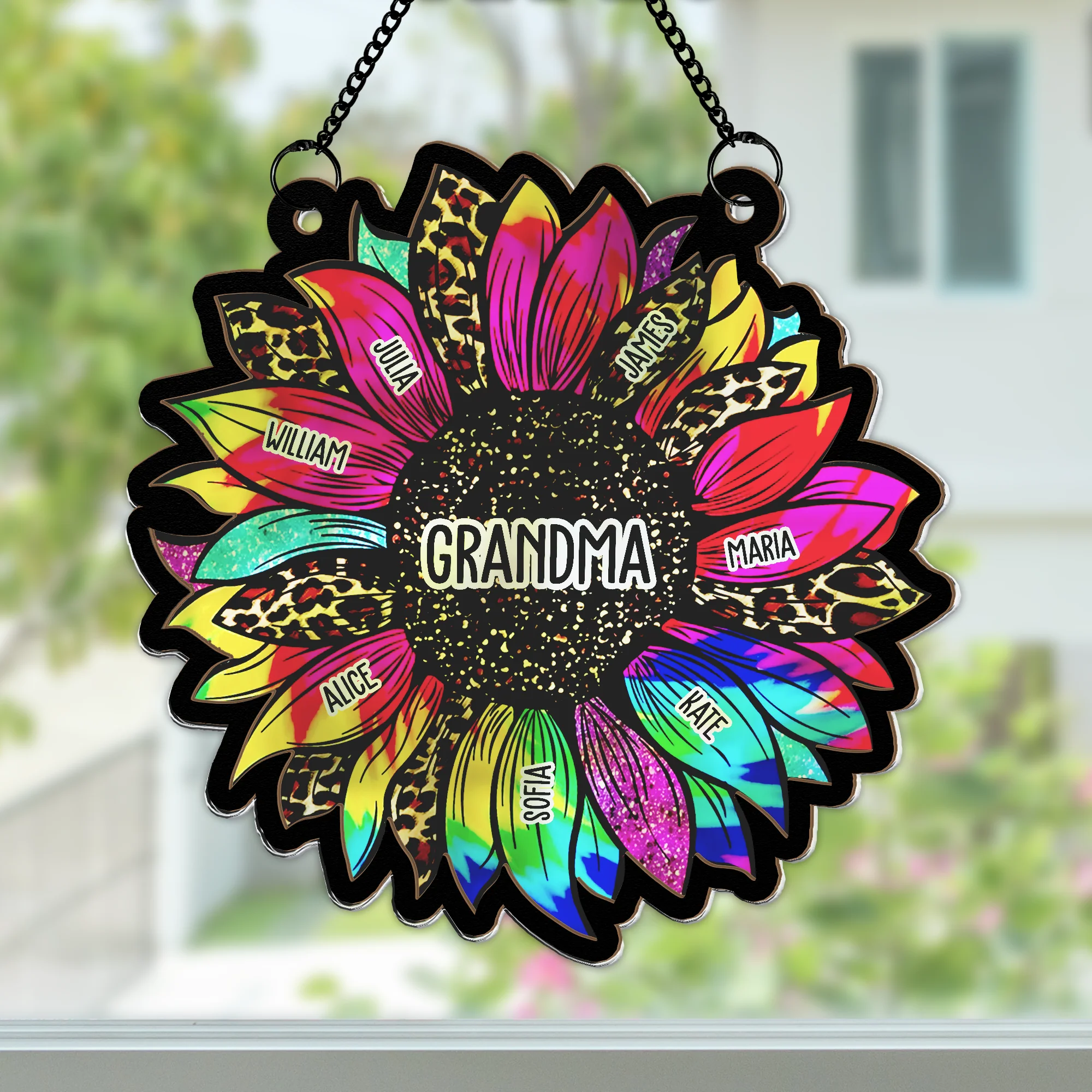 Grandma Leopard Sunflower With Kids Names - Personalized Window Hanging Suncatcher Ornament - Image 3