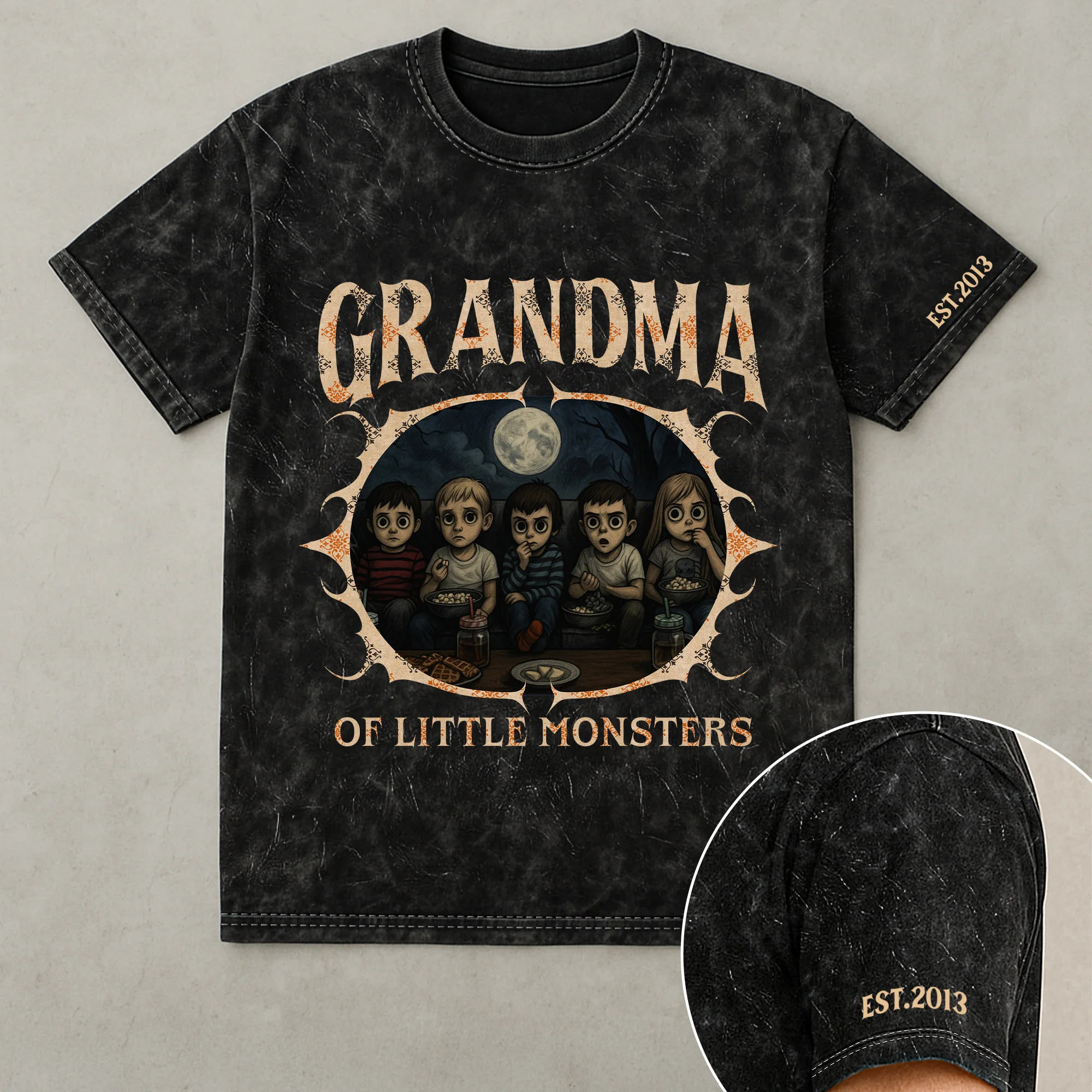 Grandma Of Little Monsters - Personalized Photo Acid Wash T‑Shirt - Image 6