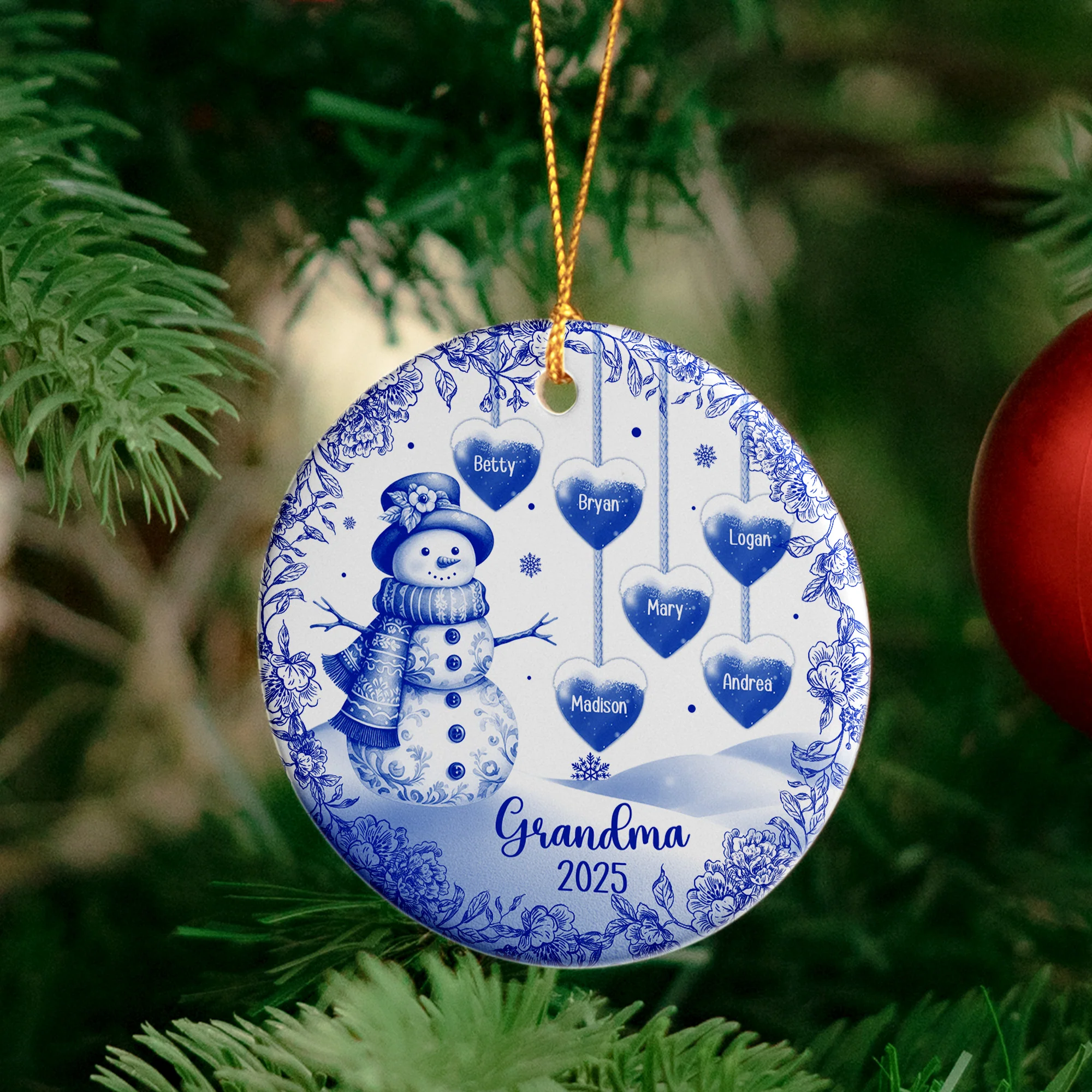 Grandma Snowman Christmas Toile De Jouy - Personalized Ceramic Ornament - Image 4