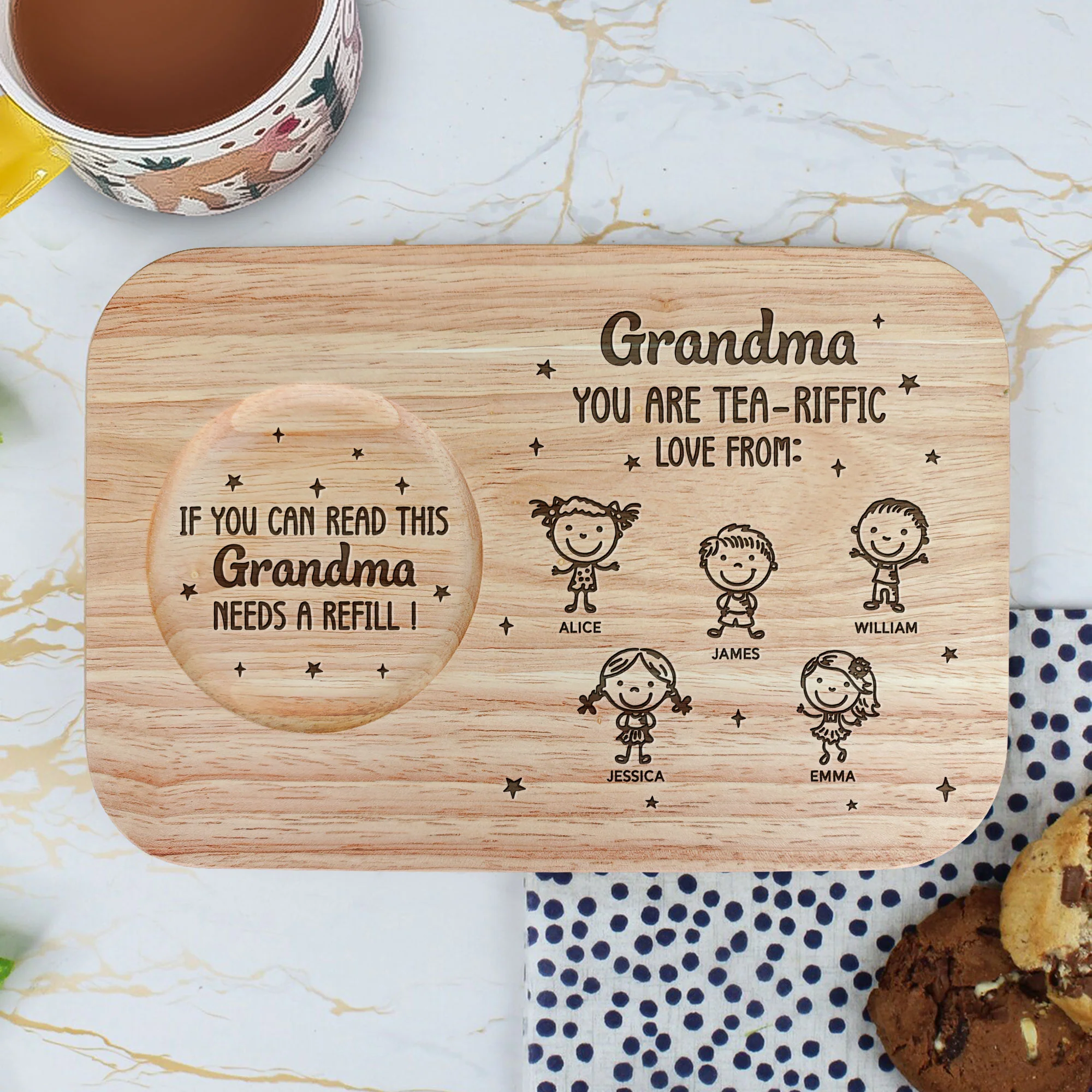 Grandma - You're Tea-Riffic - Custom Engraved Wooden Tea & Biscuit Board