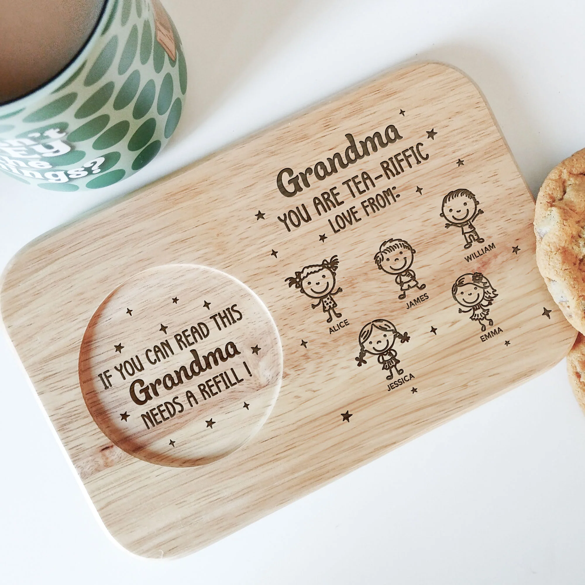 Grandma - You're Tea-Riffic - Custom Engraved Wooden Tea & Biscuit Board - Image 3