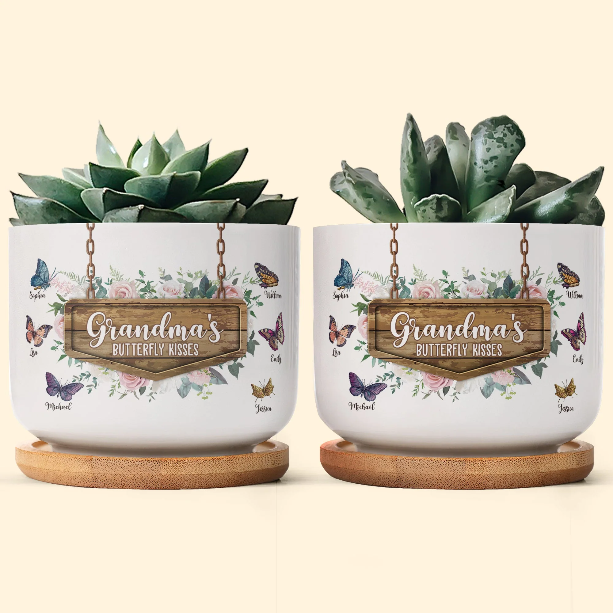 Grandma's Butterfly Kisses - Personalized Ceramic Plant Pot With Tray - Image 2