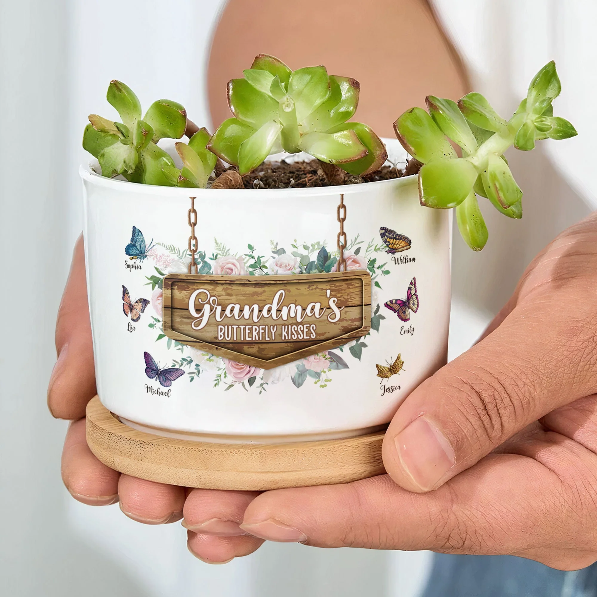 Grandma's Butterfly Kisses - Personalized Ceramic Plant Pot With Tray - Image 6