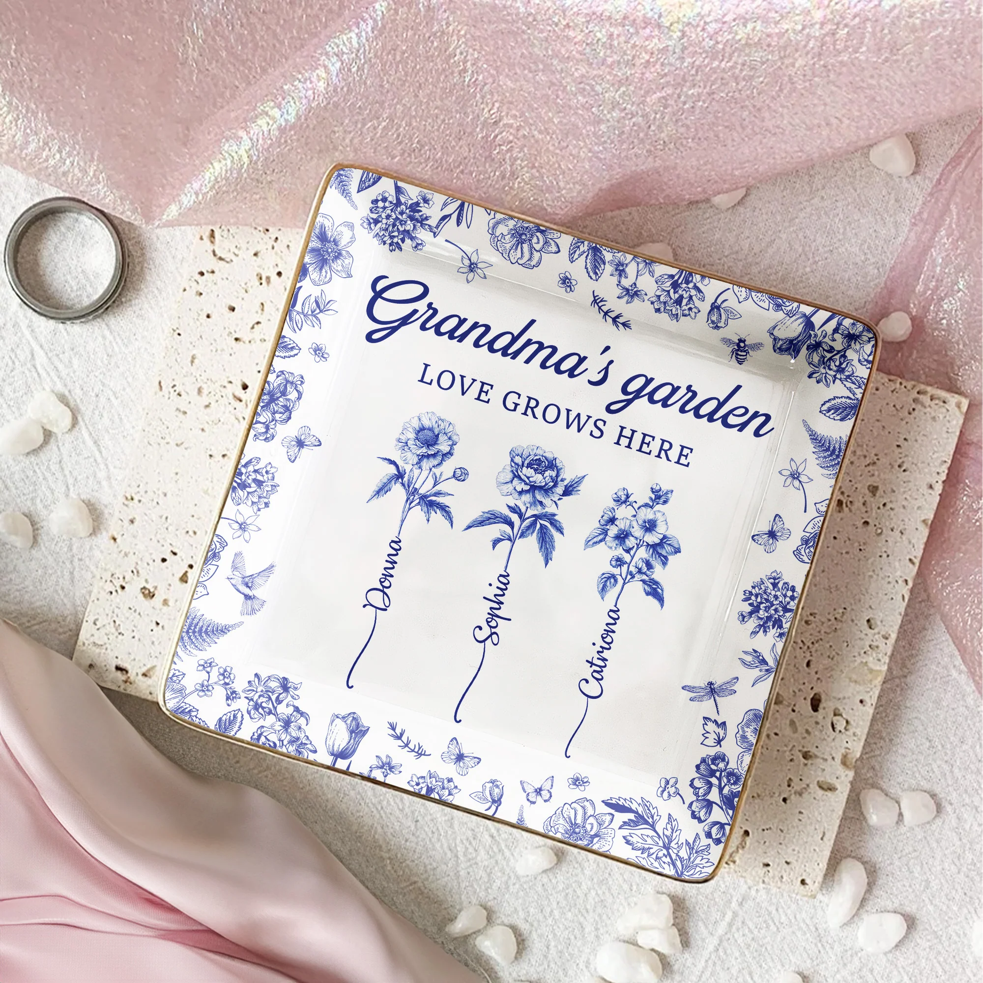 Grandma's Garden Custom Birth Flower Toile De Jouy Gift - Personalized Jewelry Dish - Image 2