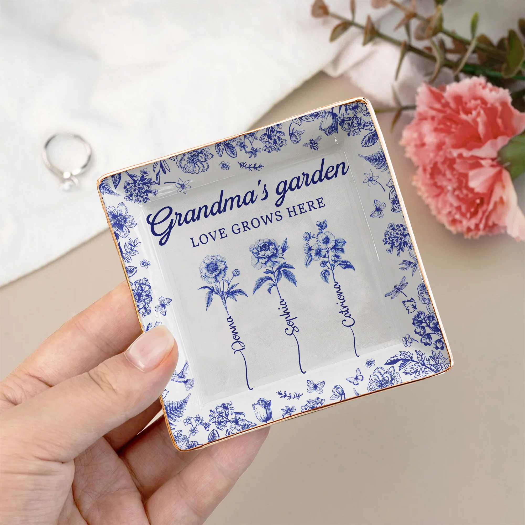 Grandma's Garden Custom Birth Flower Toile De Jouy Gift - Personalized Jewelry Dish - Image 3