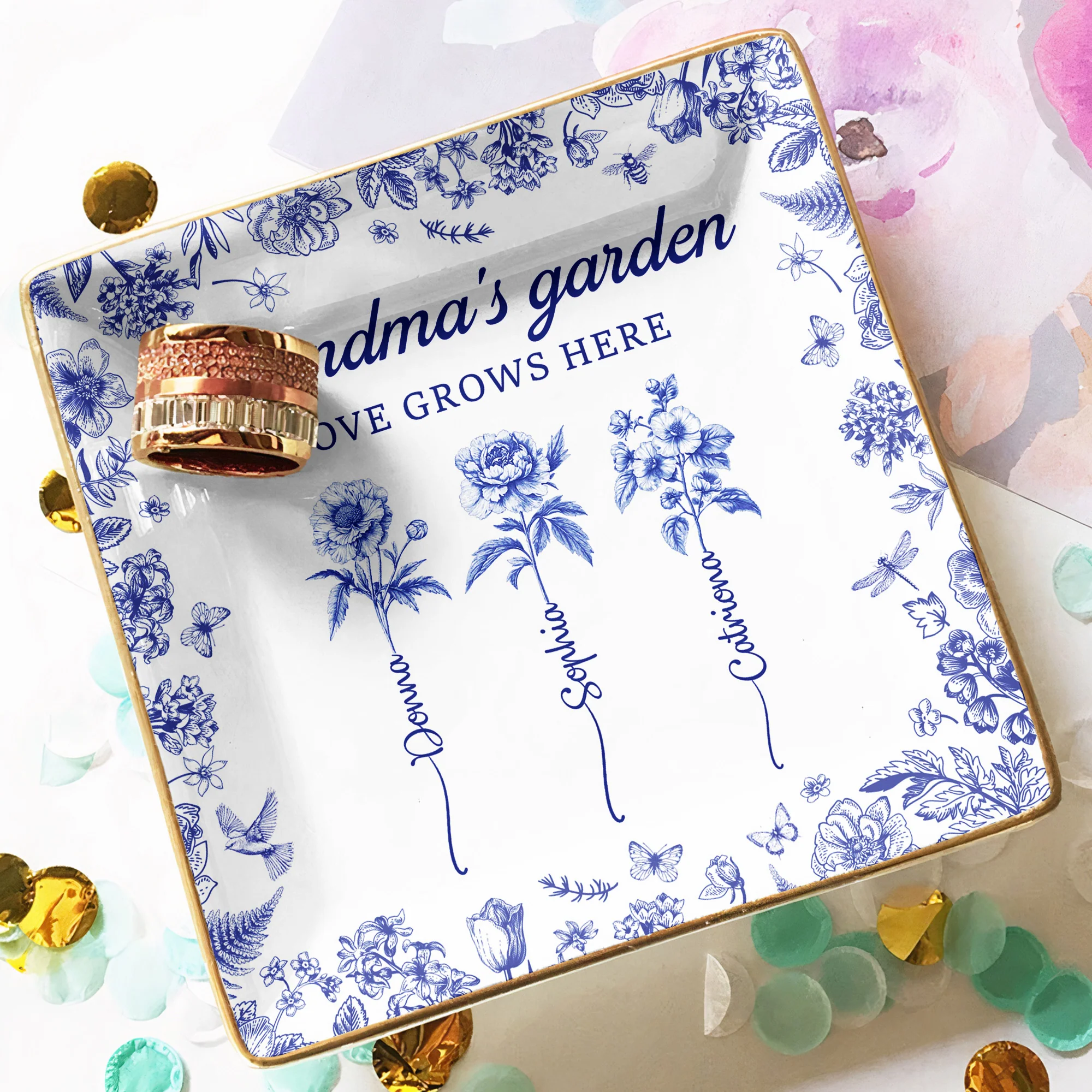 Grandma's Garden Custom Birth Flower Toile De Jouy Gift - Personalized Jewelry Dish - Image 4