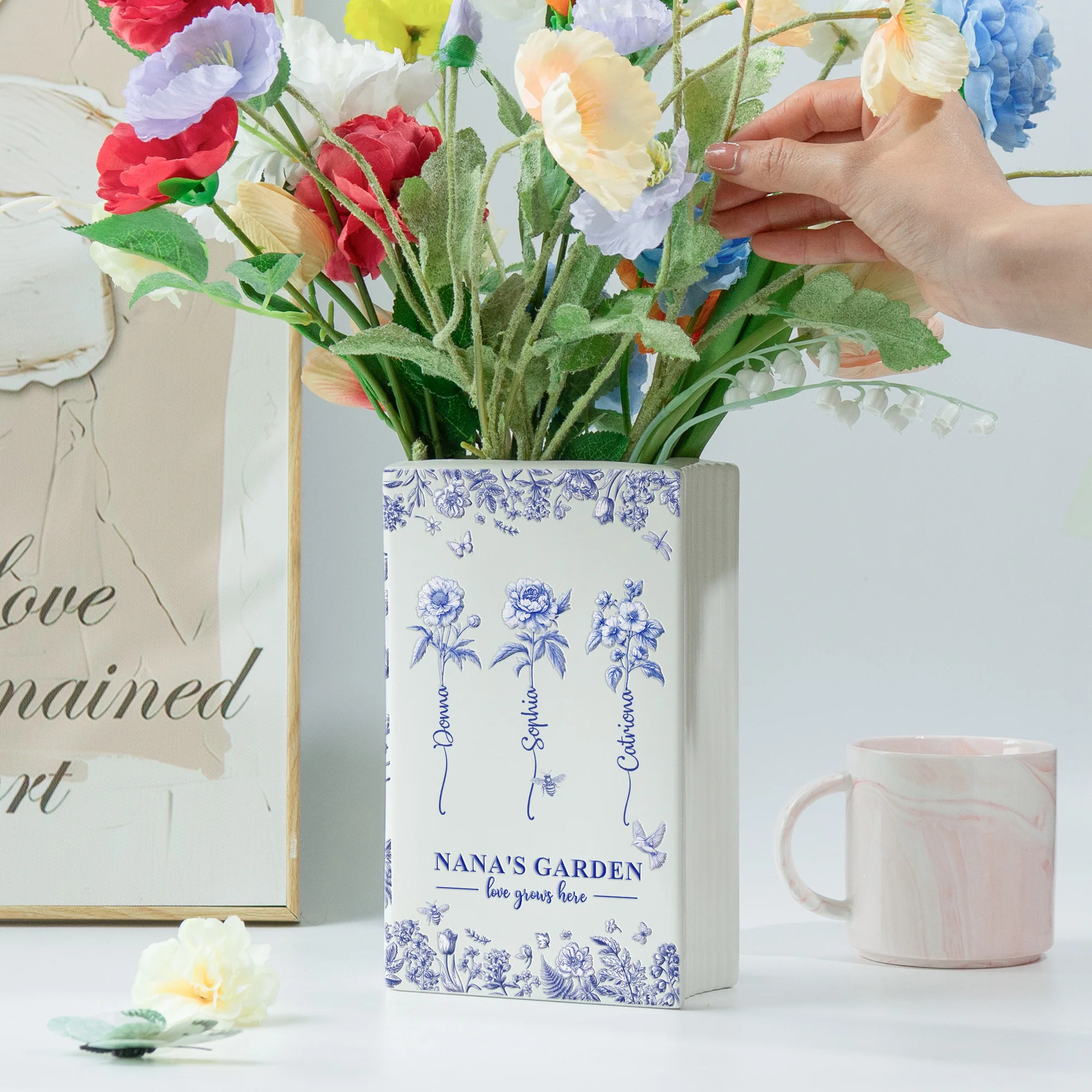 Grandma's Garden, Custom Grandkids' Birth Flowers - Toile De Jouy Style - Personalized Vase - Image 3