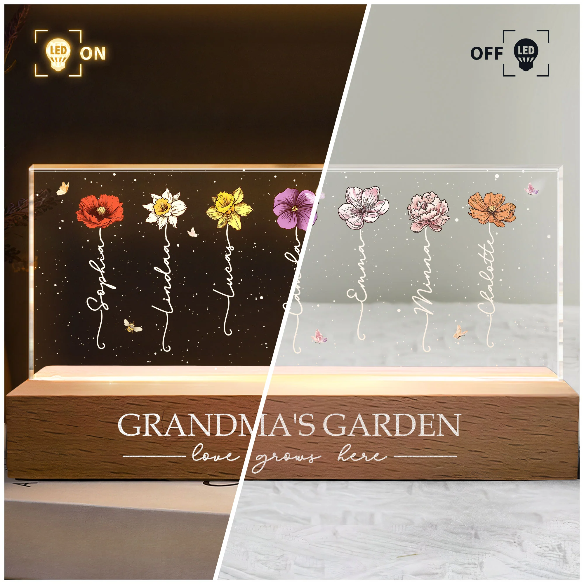 Grandma's Garden Love Grows Here Gift For Grandma, Mom - Personalized LED Night Light - Image 3