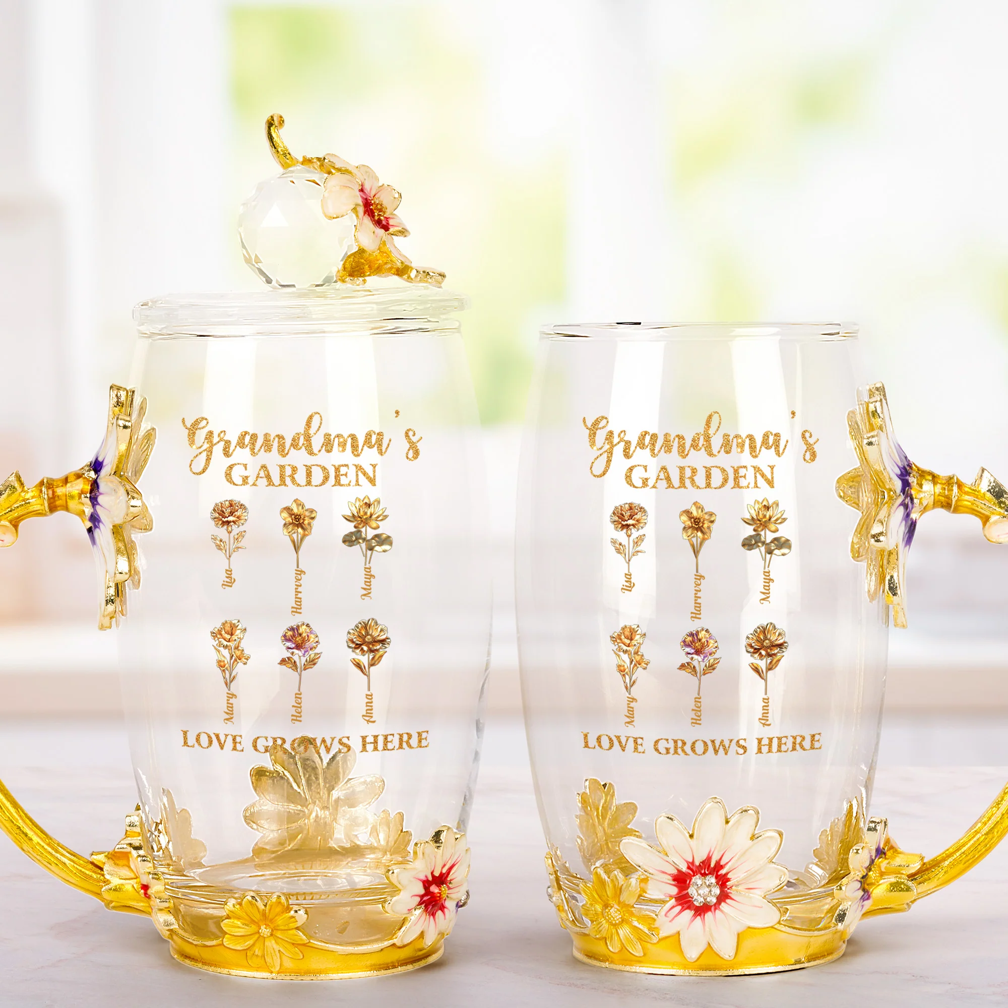 Grandma's Garden Love Grows Here Golden Birth Month Flower - Personalized Glass Cup - Image 3