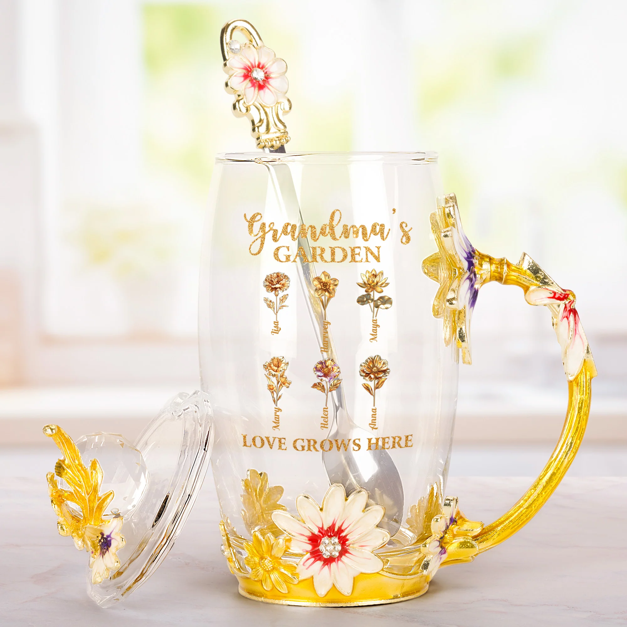 Grandma's Garden Love Grows Here Golden Birth Month Flower - Personalized Glass Cup - Image 4