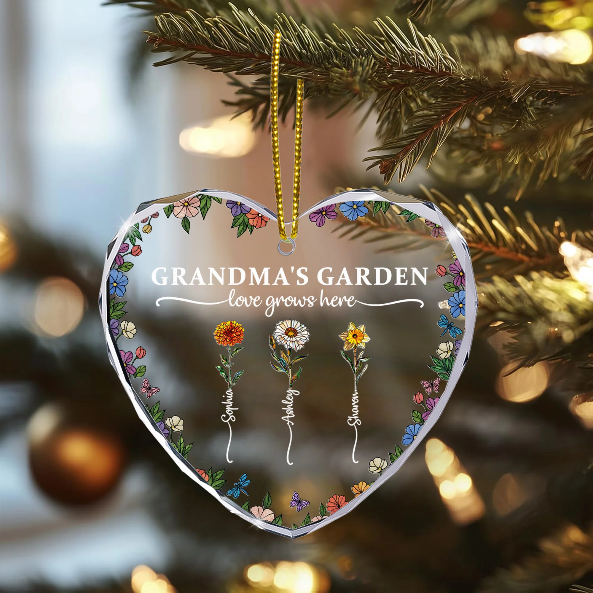 Grandma's Garden Love Grows Here - Personalized Heart Glass Ornament - Image 3