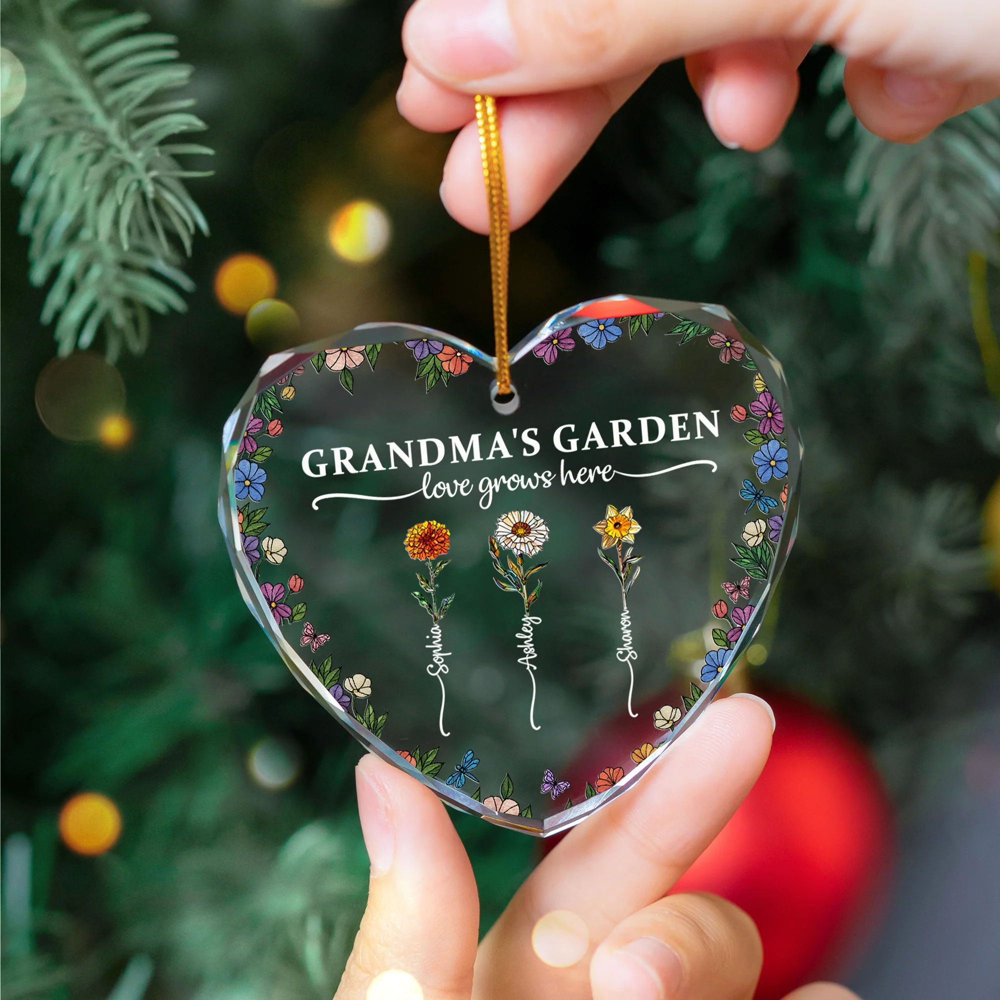 Grandma's Garden Love Grows Here - Personalized Heart Glass Ornament - Image 4