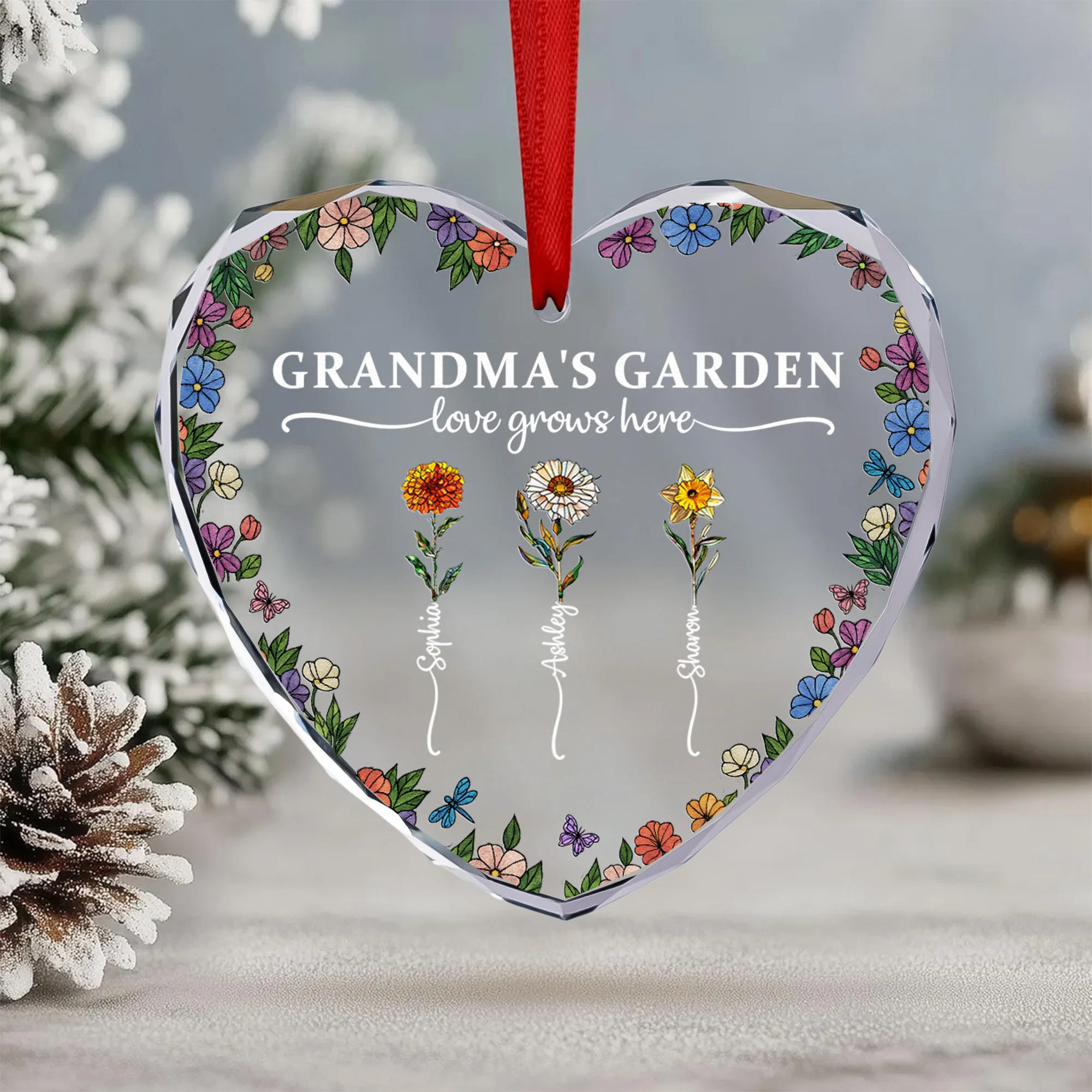 Grandma's Garden Love Grows Here - Personalized Heart Glass Ornament - Image 5
