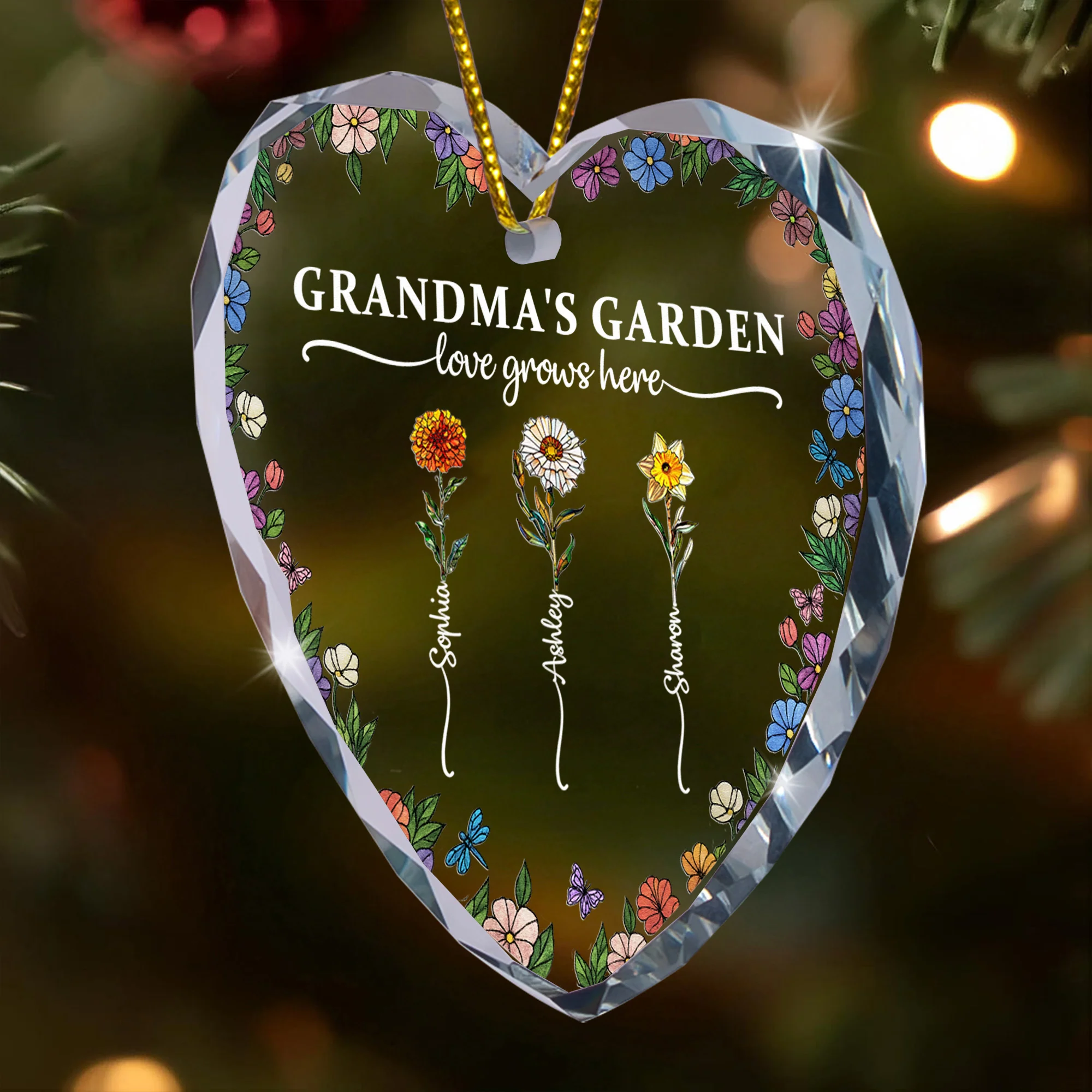 Grandma's Garden Love Grows Here - Personalized Heart Glass Ornament - Image 6