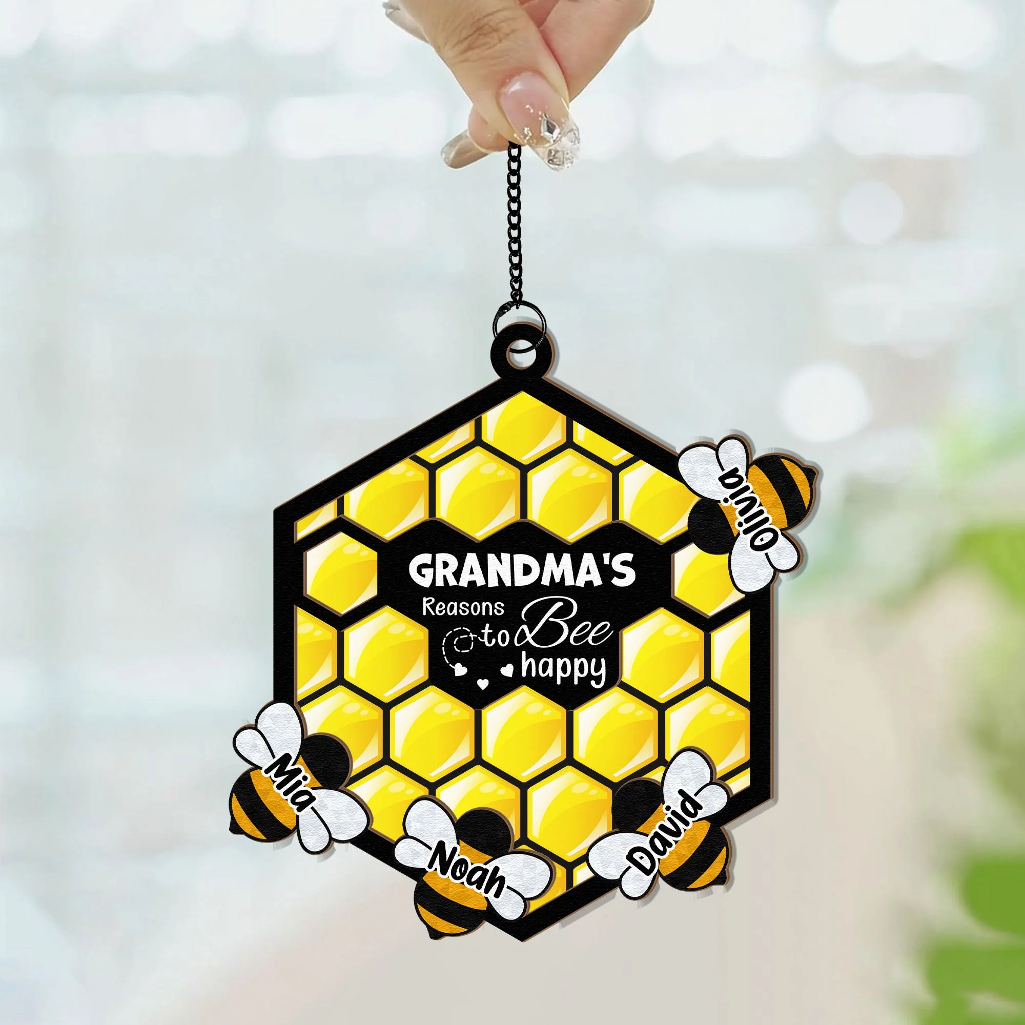Grandma's Reasons To Bee Happy - Personalized Window Hanging Suncatcher Ornament - Image 3