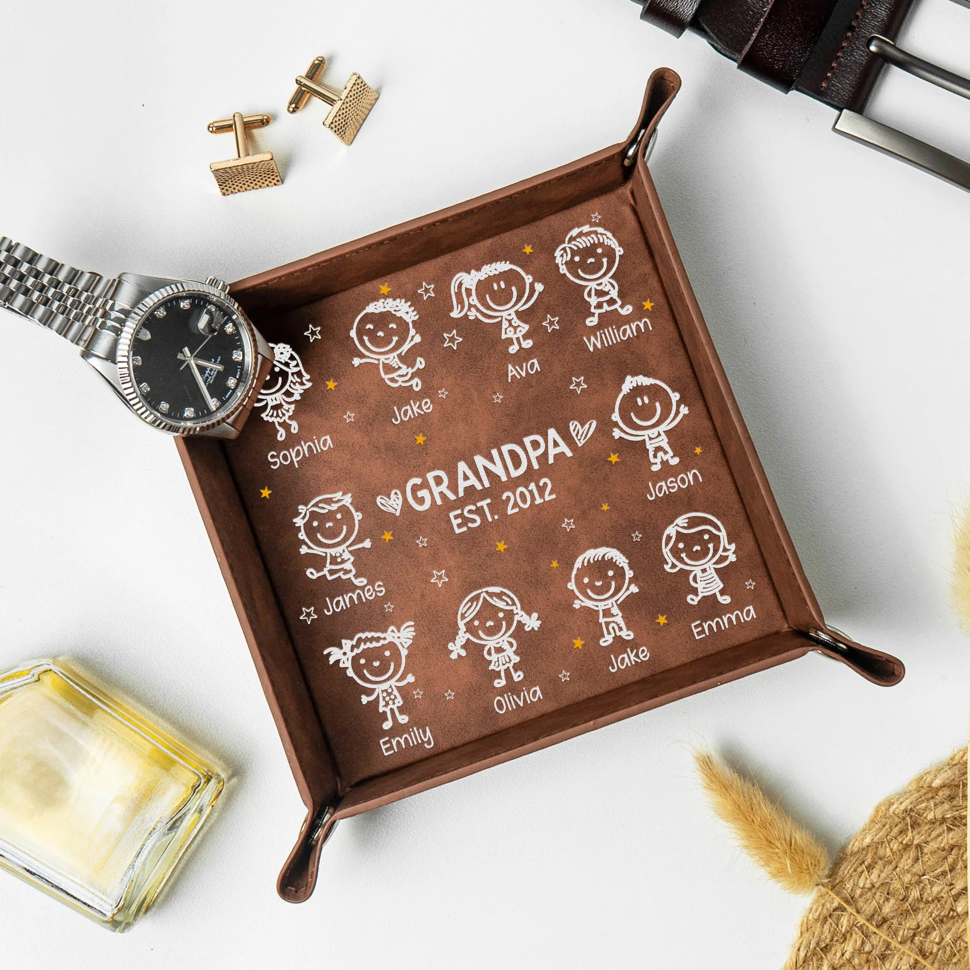 Grandpa Est With Grandkids Doodle - Personalized Leather Valet Tray - Image 2
