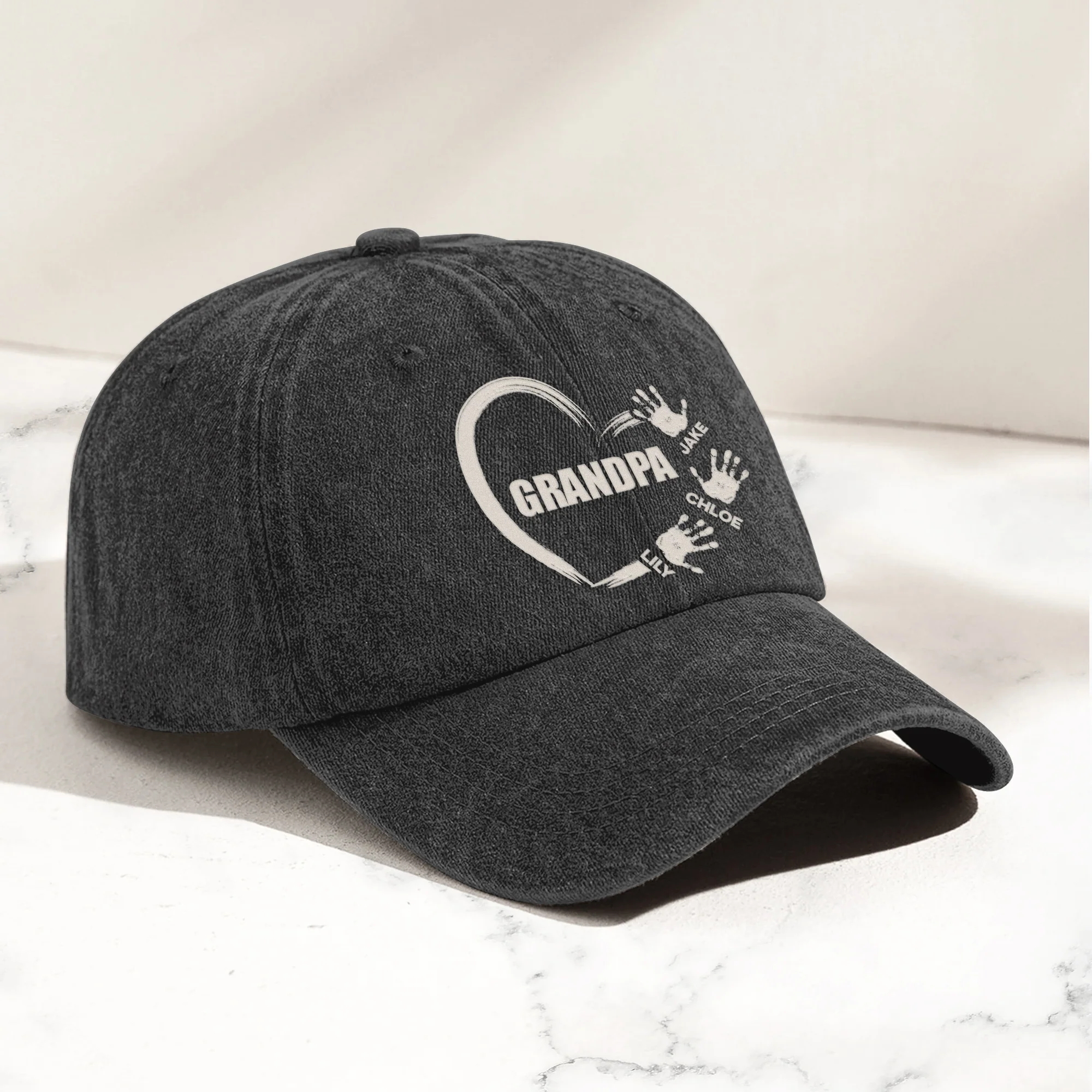 Grandpa Love Handprints - Personalized Distressed Denim Cap - Image 2