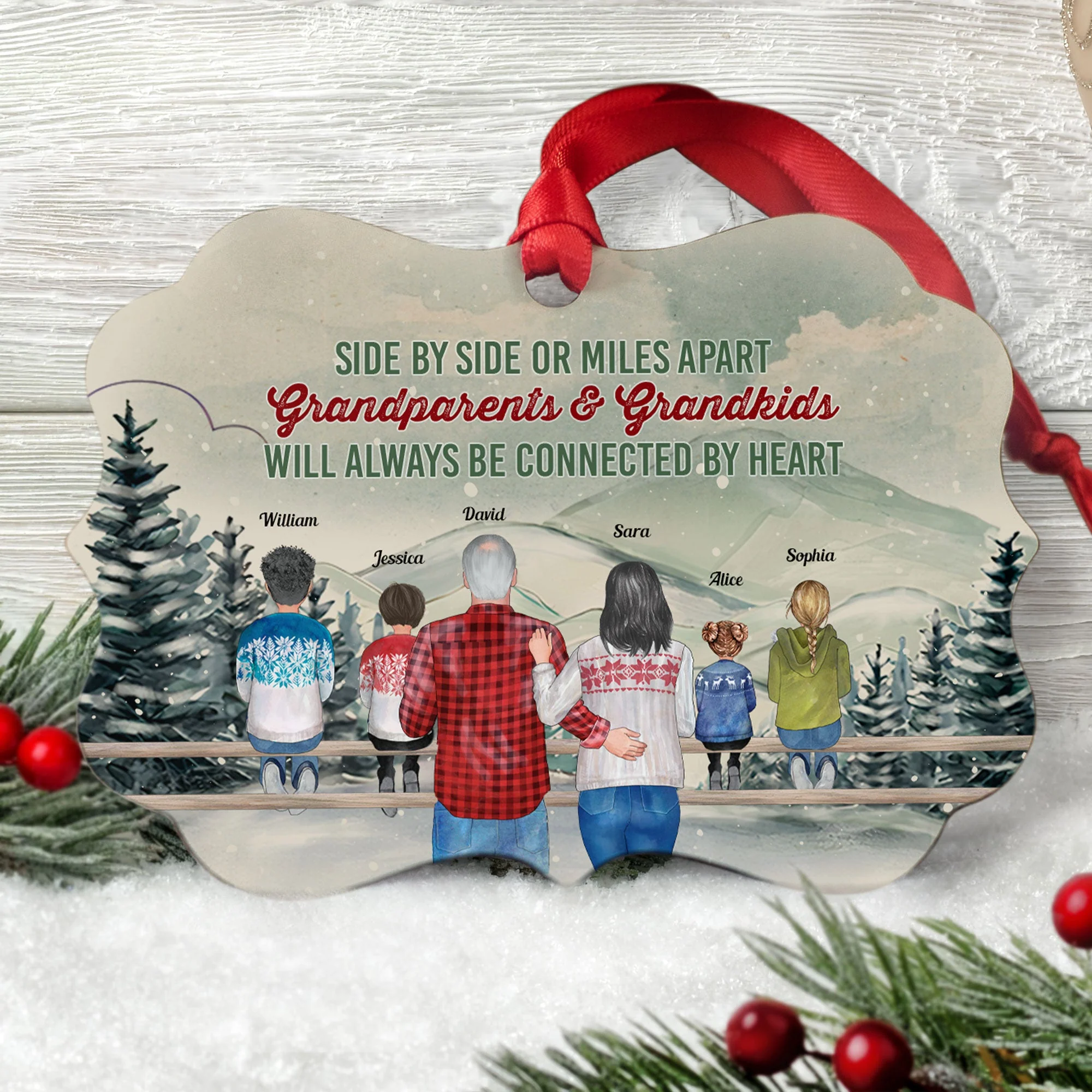 Grandparents & Grandkids Will Always Be Connected By Heart - Personalized Aluminum/ Wood Ornament - Image 4