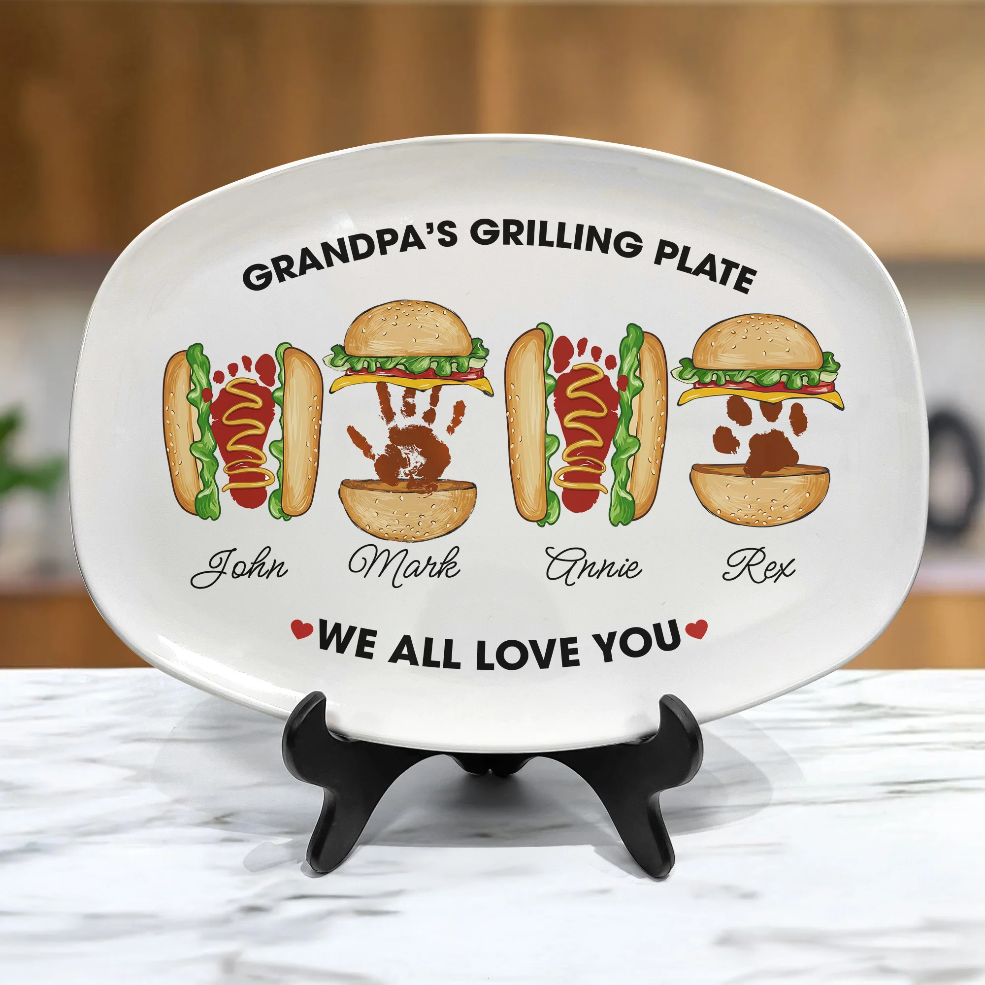 Grandpa's Grilling Plate, Custom Burger Hot Dog Handprint Footprint - Personalized Platter - Image 2