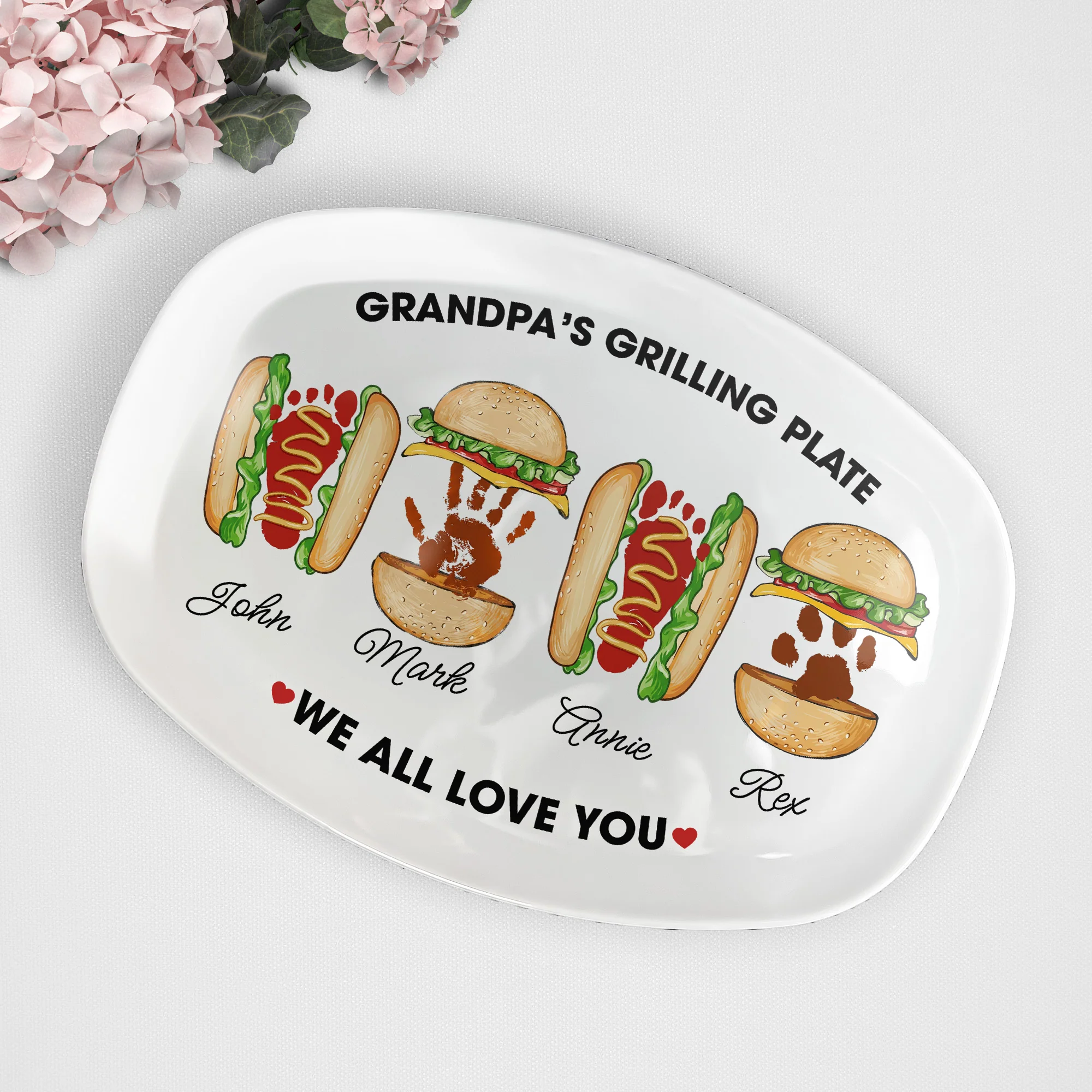 Grandpa's Grilling Plate, Custom Burger Hot Dog Handprint Footprint - Personalized Platter - Image 4