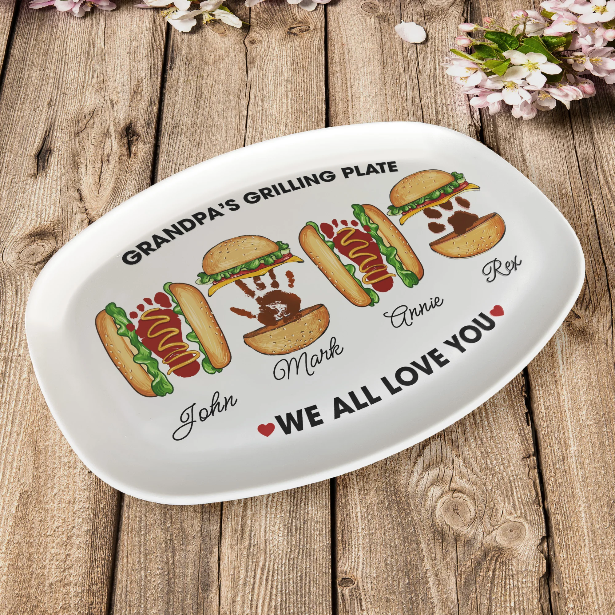 Grandpa's Grilling Plate, Custom Burger Hot Dog Handprint Footprint - Personalized Platter - Image 5