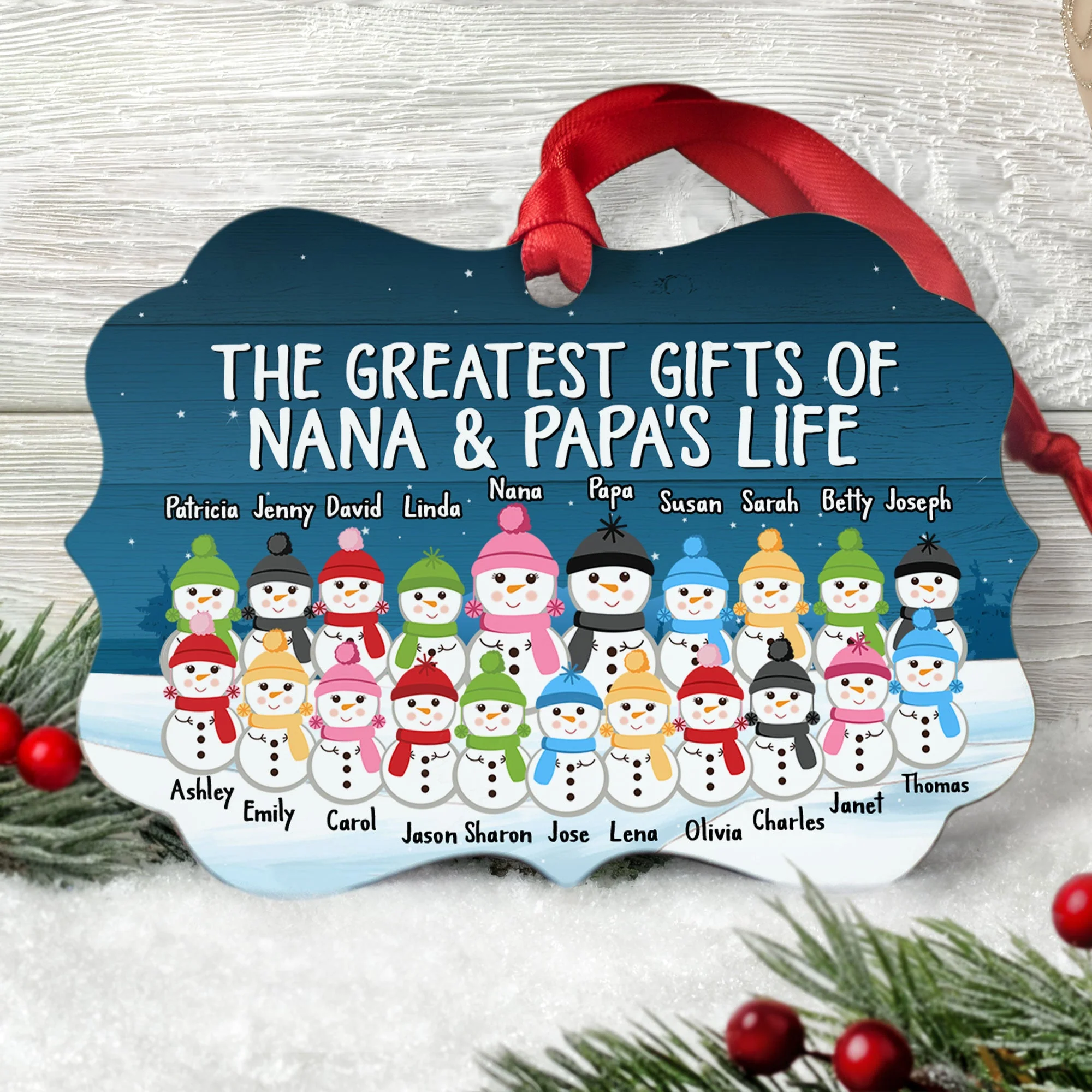 Greatest Gift Of Nana & Papa's Life - Personalized Aluminum Ornament - Snowman Family - Image 2