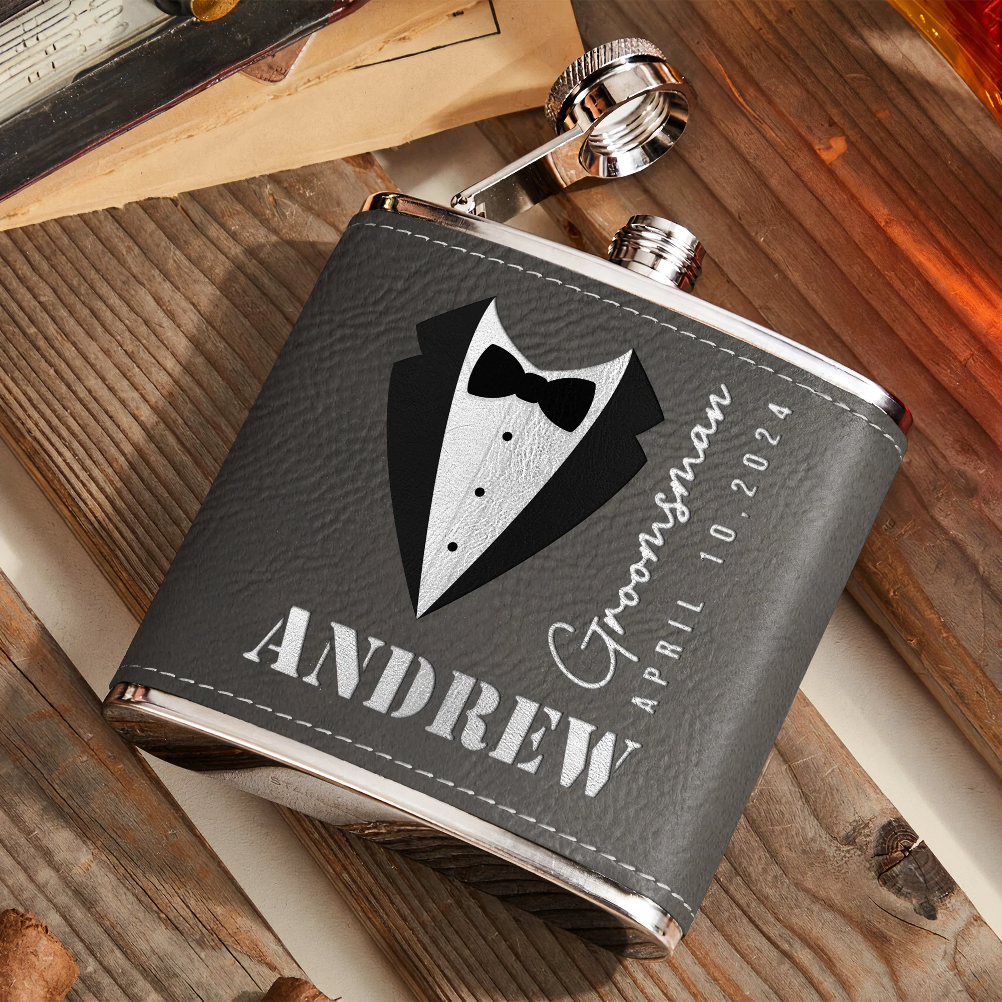 Groom And Groomsmen Wedding Gift - Personalized Leather Flask - Image 2