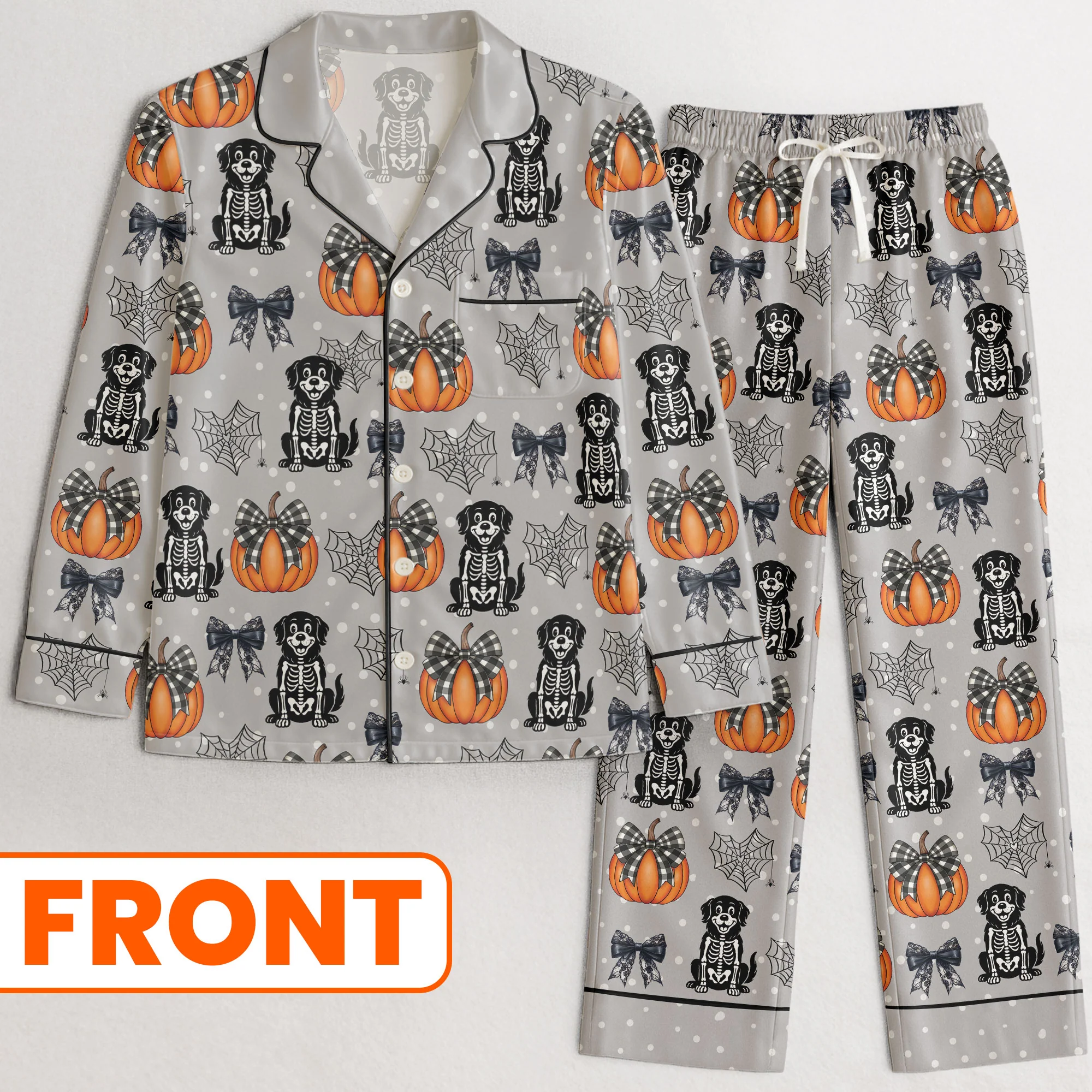 Halloween Pet Pumpkins Spiderwebs Coquette Bows - Personalized Satin Pajama Set - Image 4