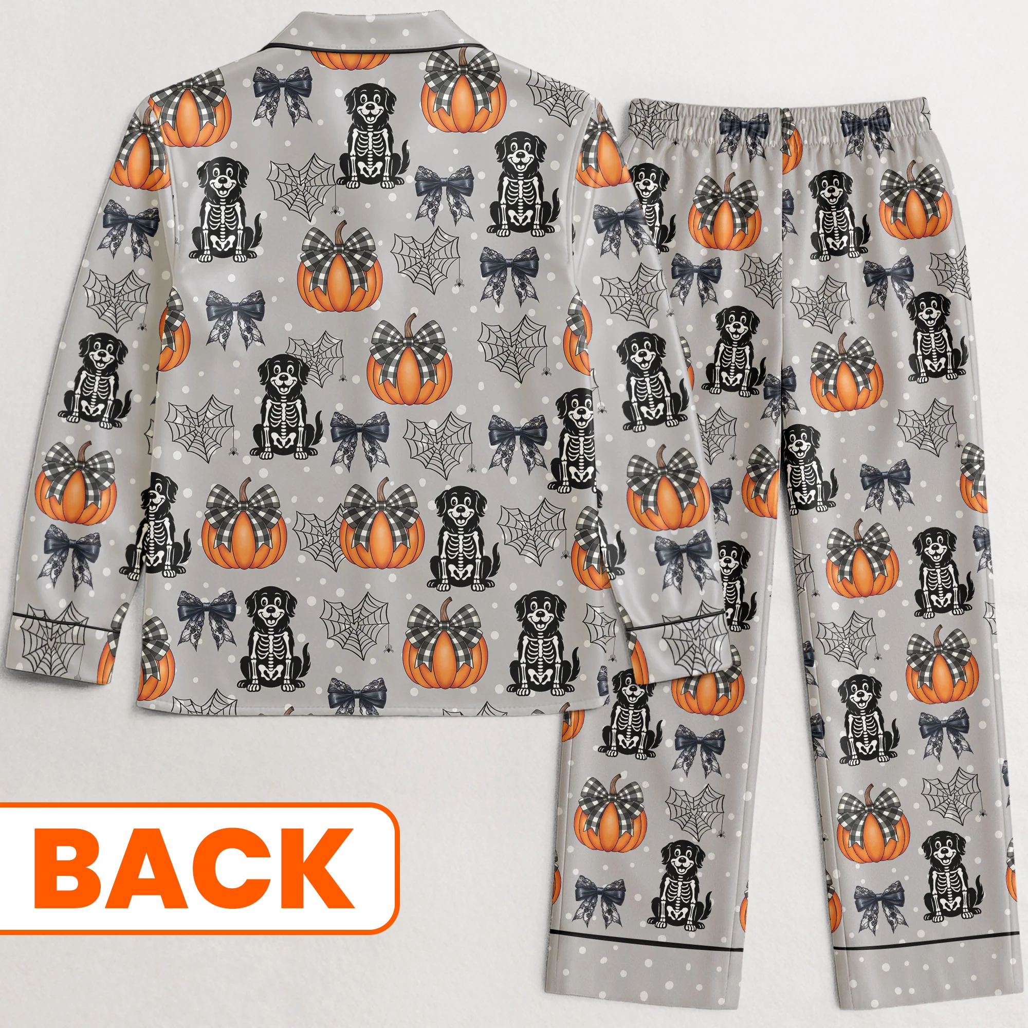 Halloween Pet Pumpkins Spiderwebs Coquette Bows - Personalized Satin Pajama Set - Image 5