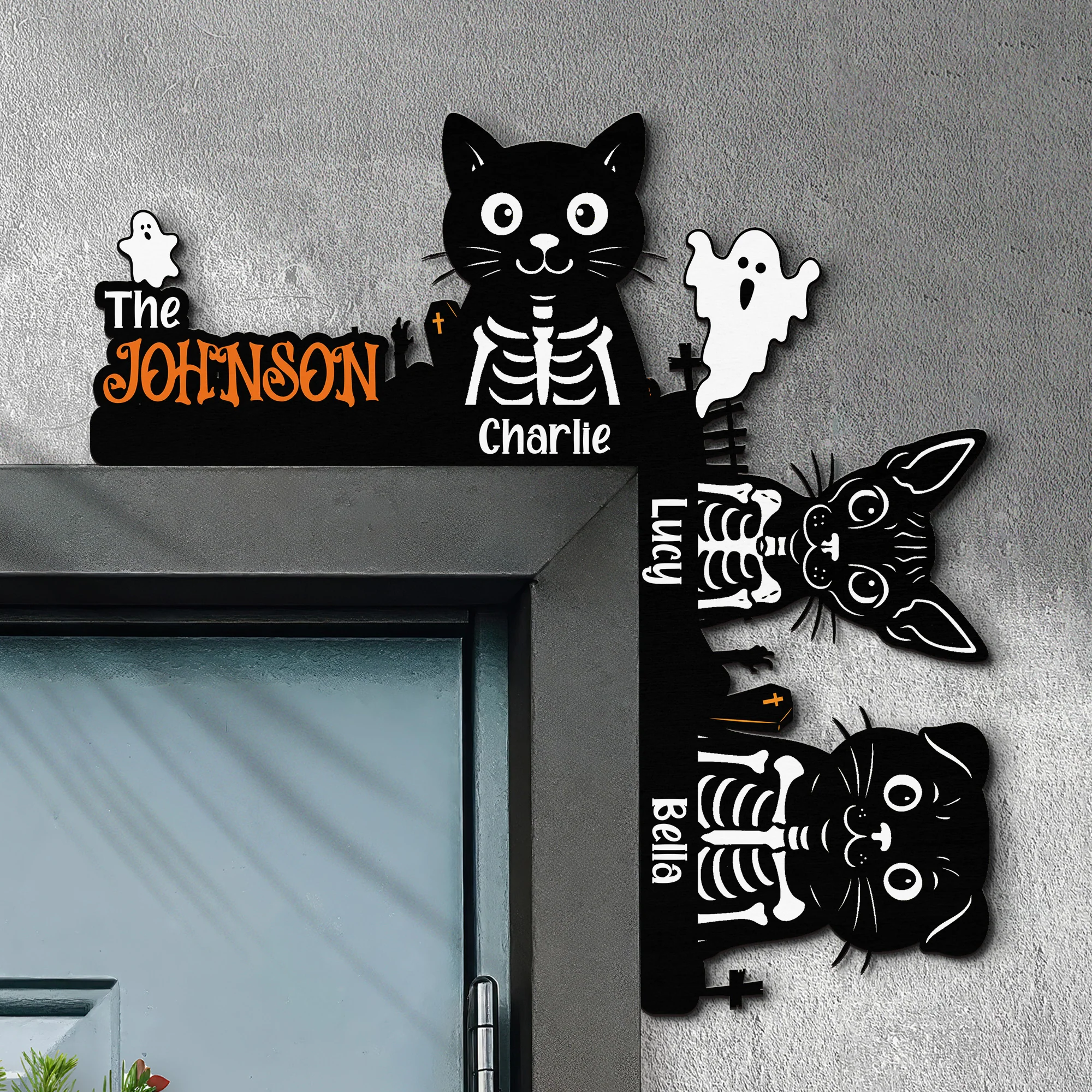 Halloween Skeleton Pet With Custom Family Name - Personalized Door Corner Wood Sign - Image 5