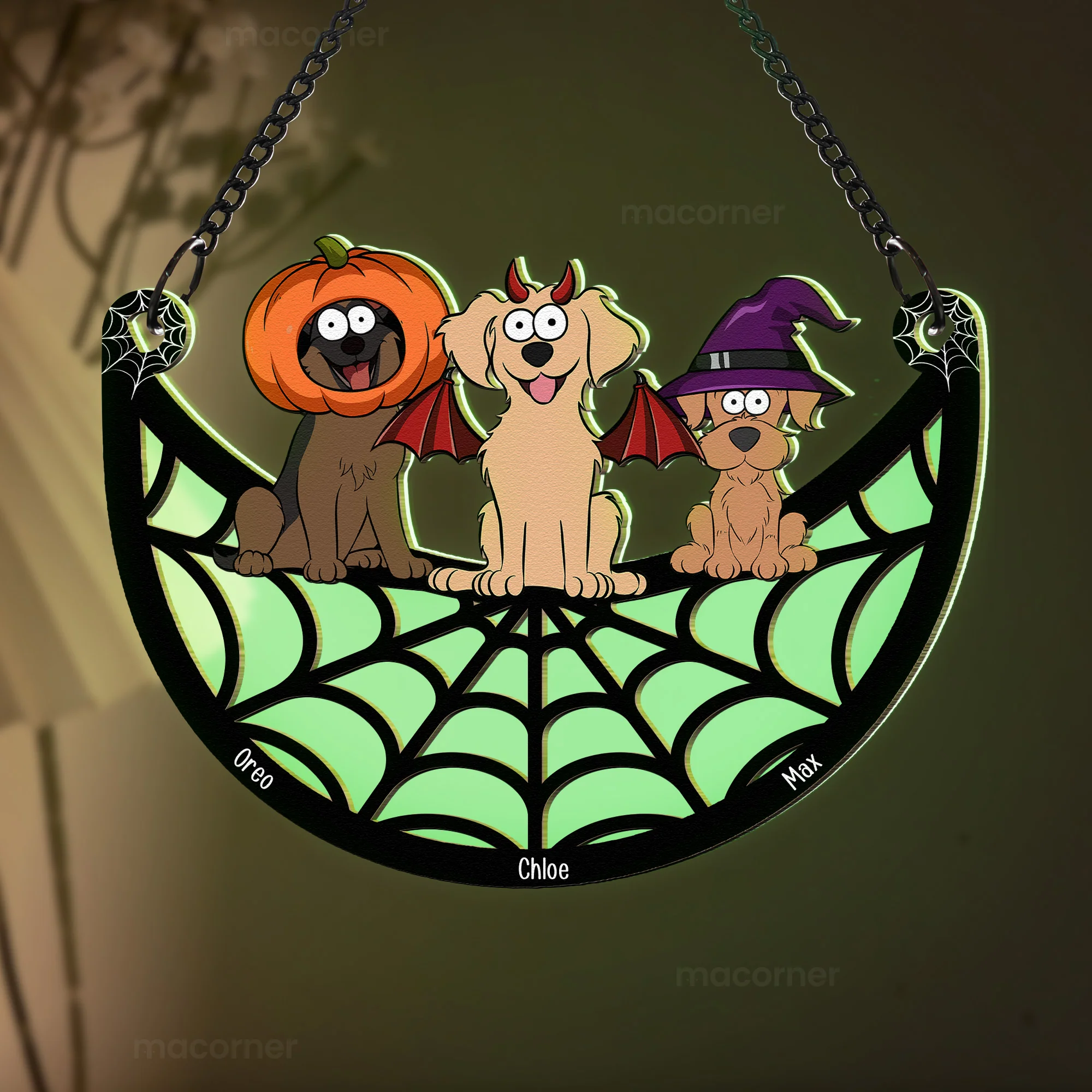 Halloween With Dogs Cats Babies - Personalized Window Hanging Luminous Ornament - Image 2