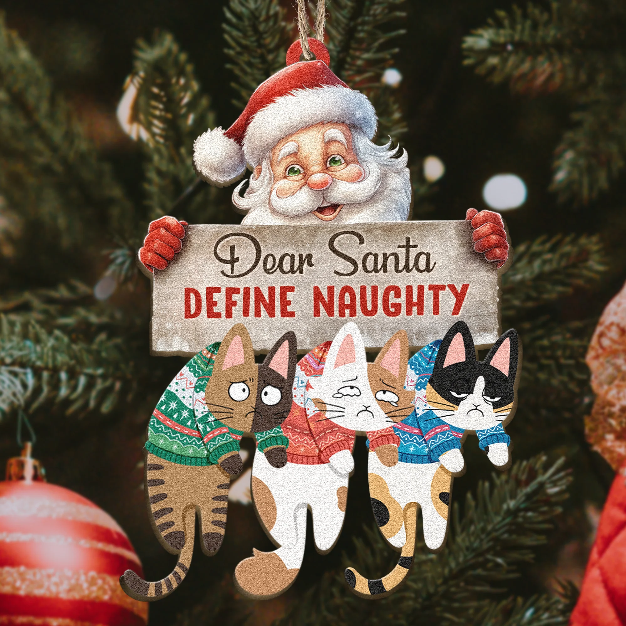 Hanging Cats Christmas Time - Personalized Wooden Ornament - Image 3