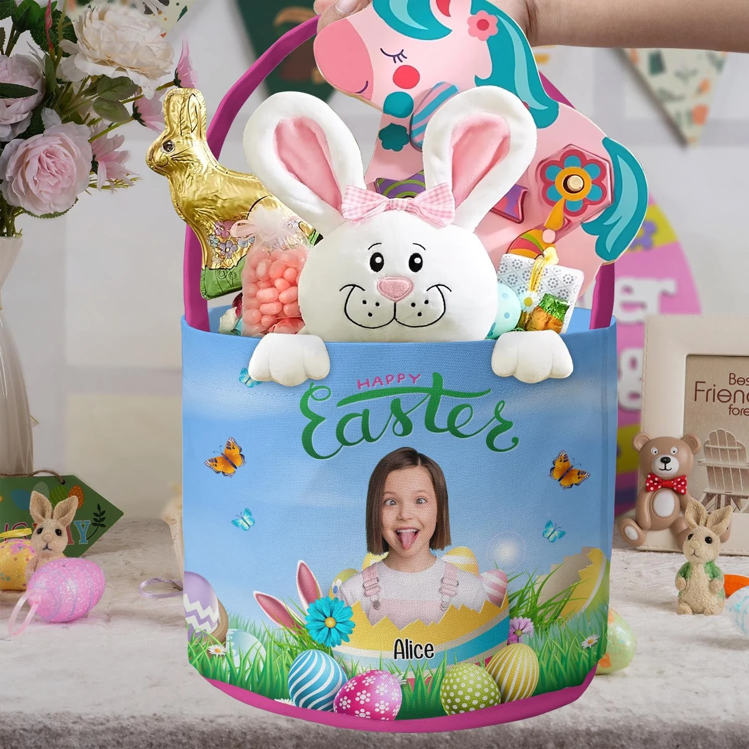 Happy Easter Kid With Easter Eggs - Personalized Photo Easter Basket - Image 2
