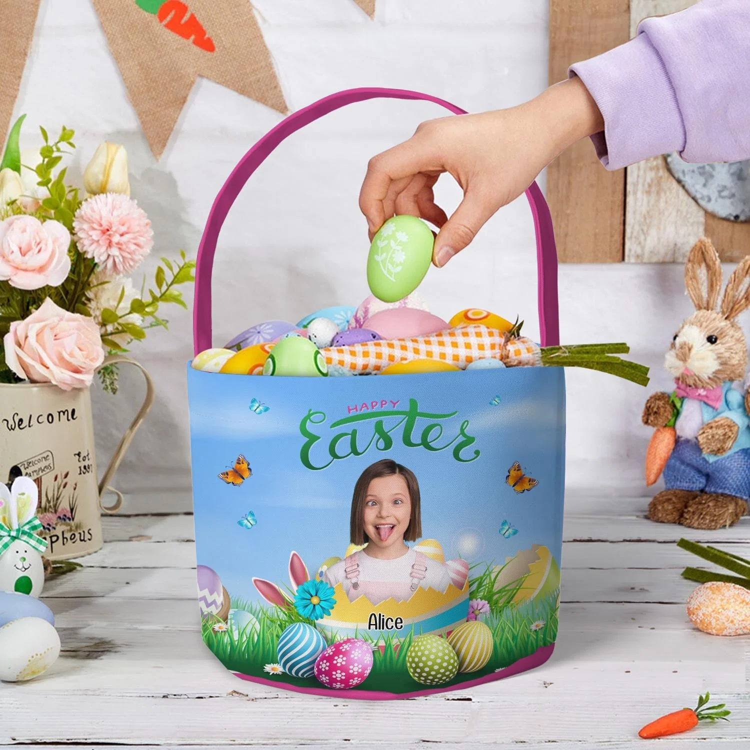 Happy Easter Kid With Easter Eggs - Personalized Photo Easter Basket - Image 4