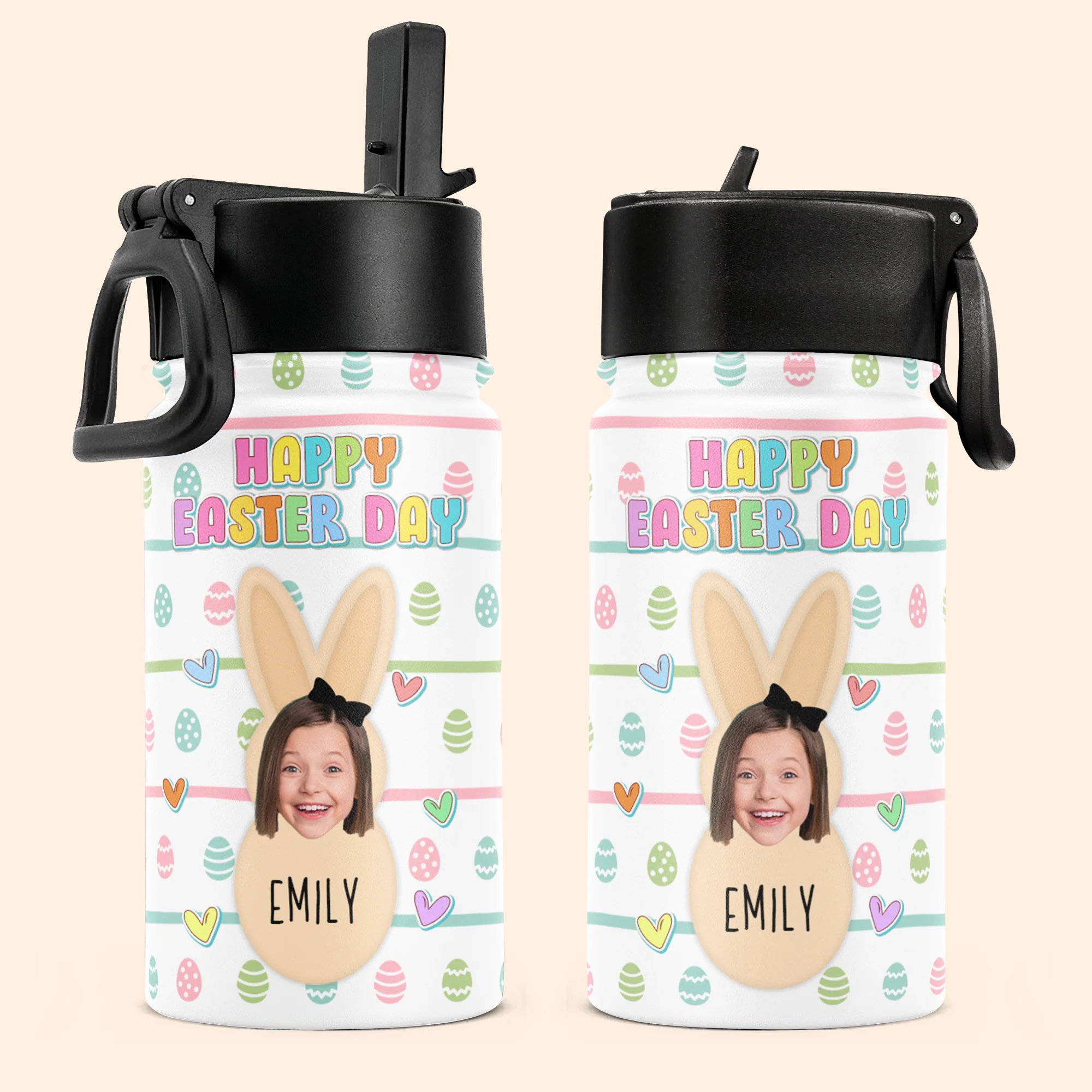 Happy Easter - Personalized Photo Kids Water Bottle With Straw Lid - Image 2
