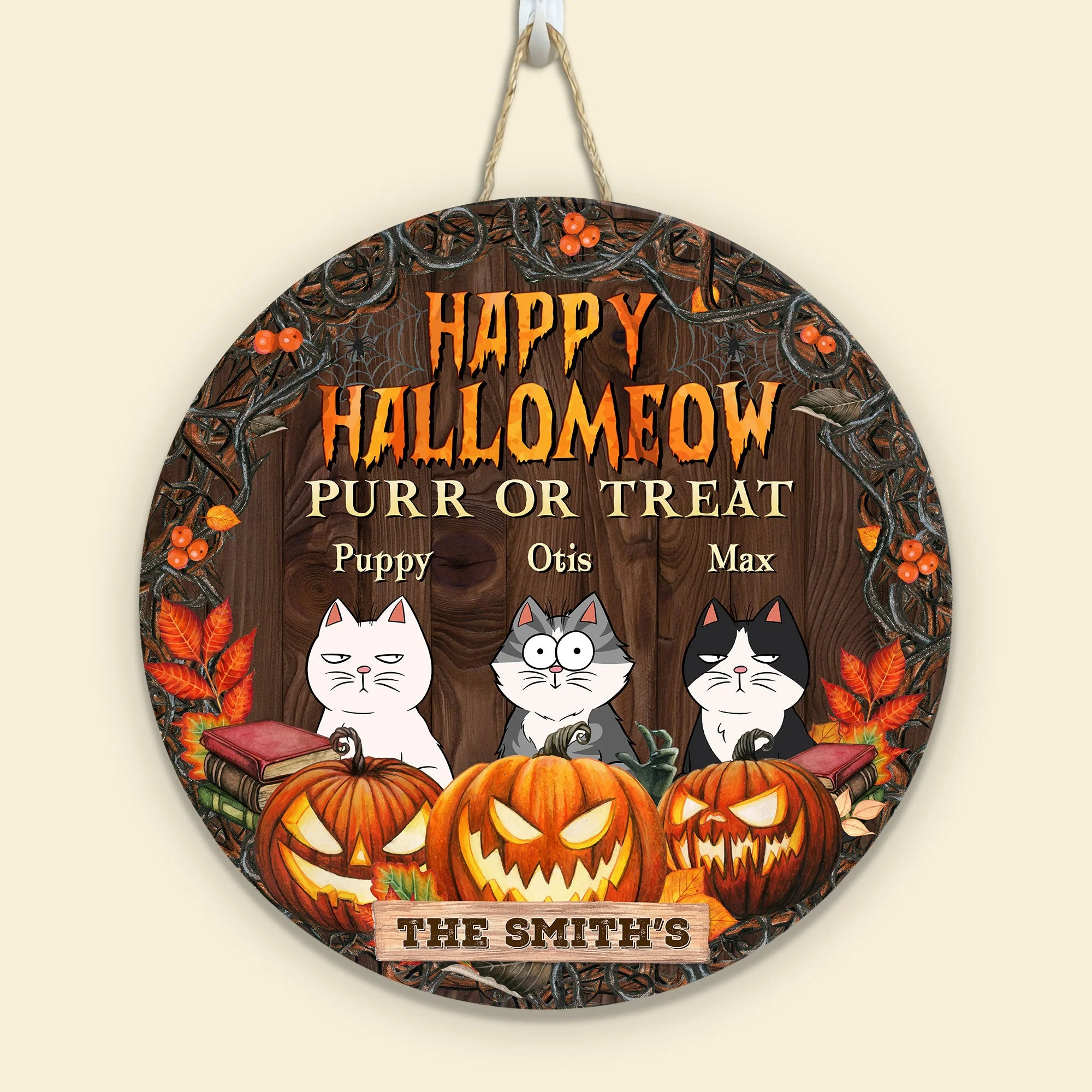 Happy Hallomeow - Personalized Round Wood Sign - Image 2