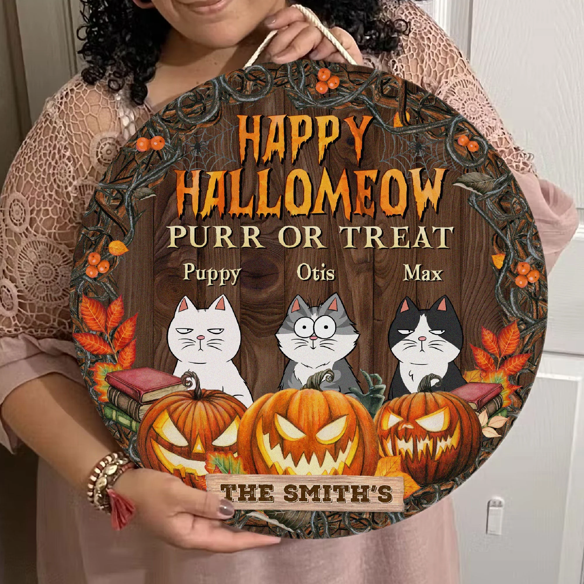 Happy Hallomeow - Personalized Round Wood Sign - Image 3